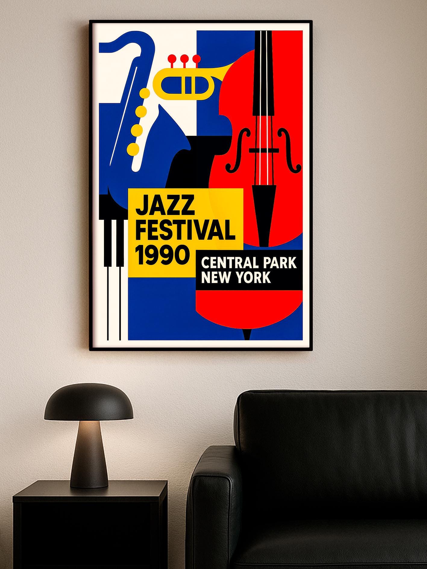 Mid Century Modern Jazz Poster, 1990 Vintage Central Park NYC – Abstract Geometric Wall Art, Retro Music Print, Eclectic Poster