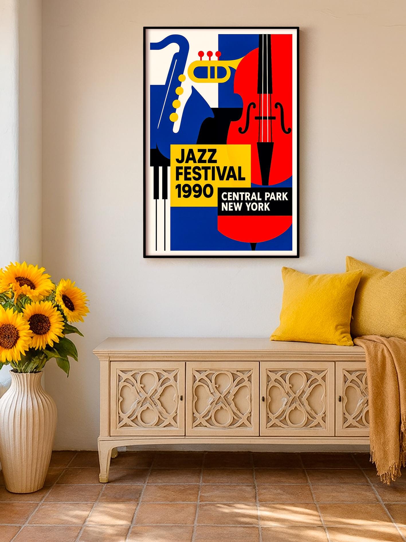 Mid Century Modern Jazz Poster, 1990 Vintage Central Park NYC – Abstract Geometric Wall Art, Retro Music Print, Eclectic Poster