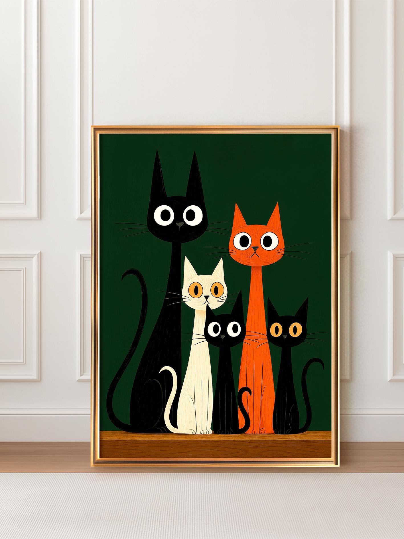 Cat Family Poster, Mid-Century Retro Illustration, Gothic Feline Wall Art, Black Cat Print, Gift for Cat Mom