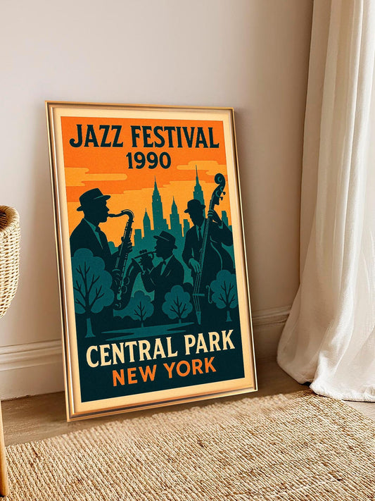 Minimalist Jazz Poster – Vintage 1990s Festival Print, Retro Music Wall Decor, Saxophone and Trumpet Illustration, Printable Art