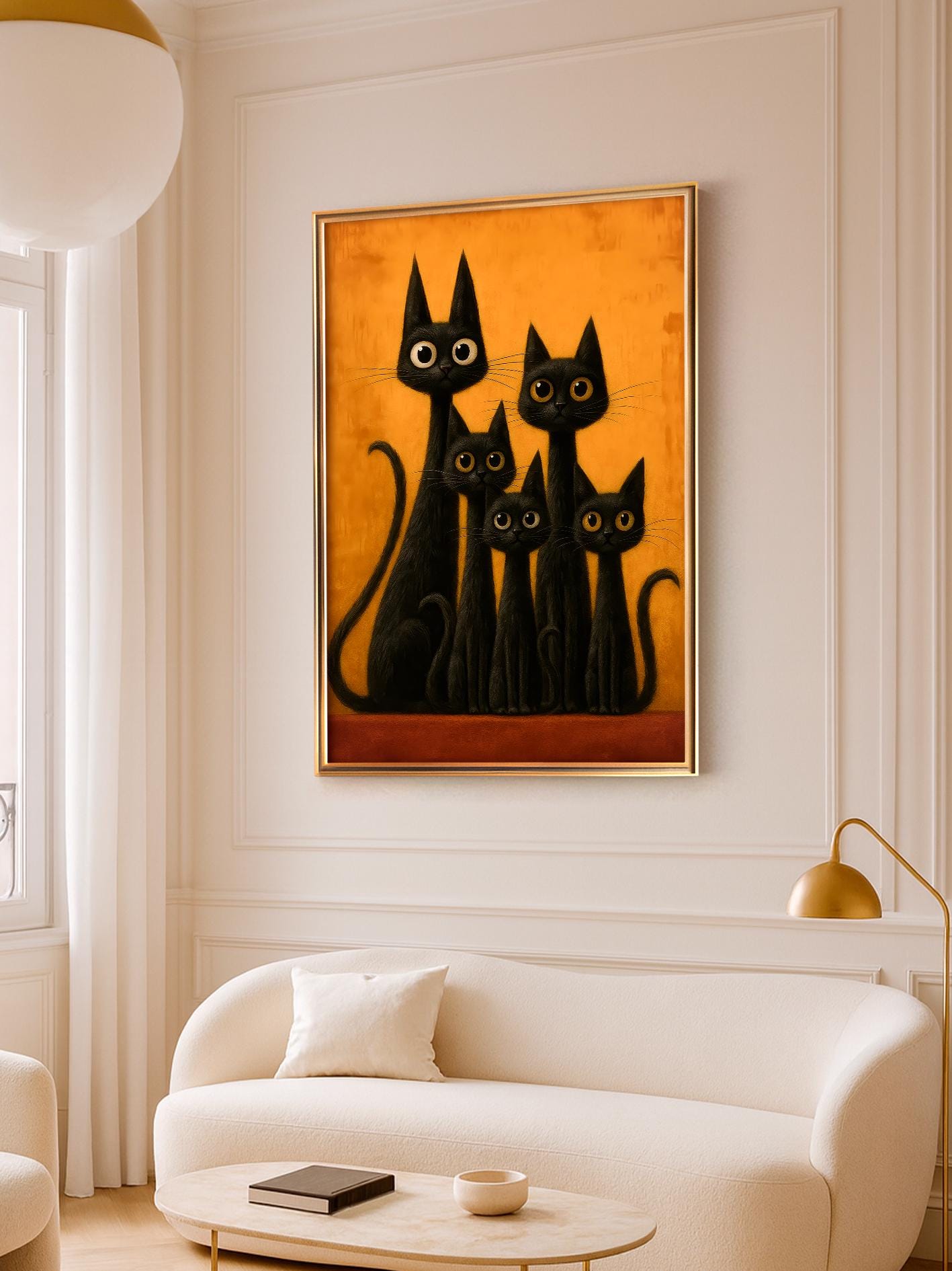Cat Family Poster Mid-Century Retro Illustration Gothic Feline Wall Art Black Cat Print Gift for Cat Mom