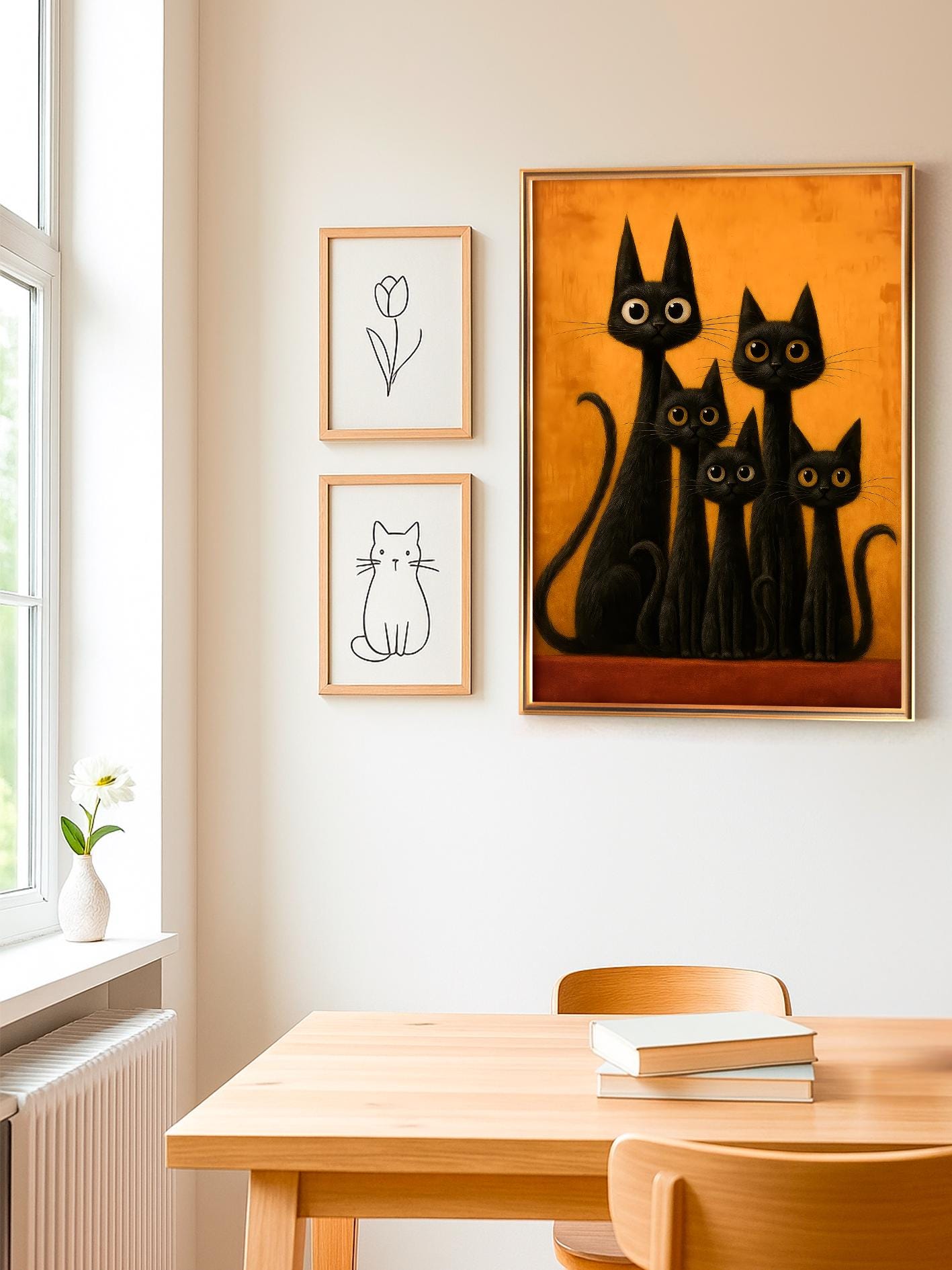 Cat Family Poster Mid-Century Retro Illustration Gothic Feline Wall Art Black Cat Print Gift for Cat Mom