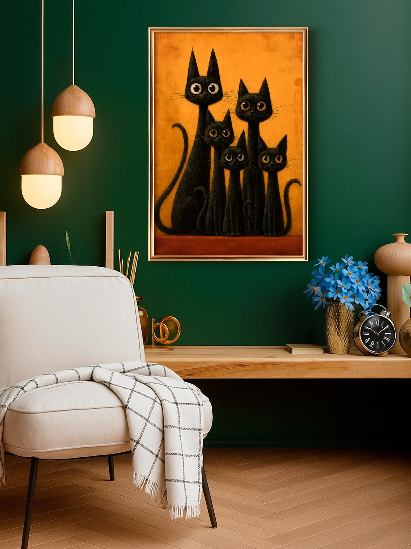 Cat Family Poster Mid-Century Retro Illustration Gothic Feline Wall Art Black Cat Print Gift for Cat Mom