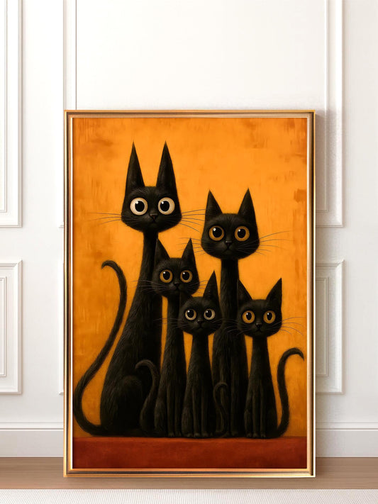 Cat Family Poster Mid-Century Retro Illustration Gothic Feline Wall Art Black Cat Print Gift for Cat Mom