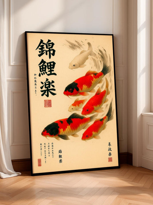 Japanese Koi Fish Poster, Minimal Zen Wall Print, Oriental Art for Japandi Decor, Ink Painting of a Serene Pond, Modern Asian Wall Art