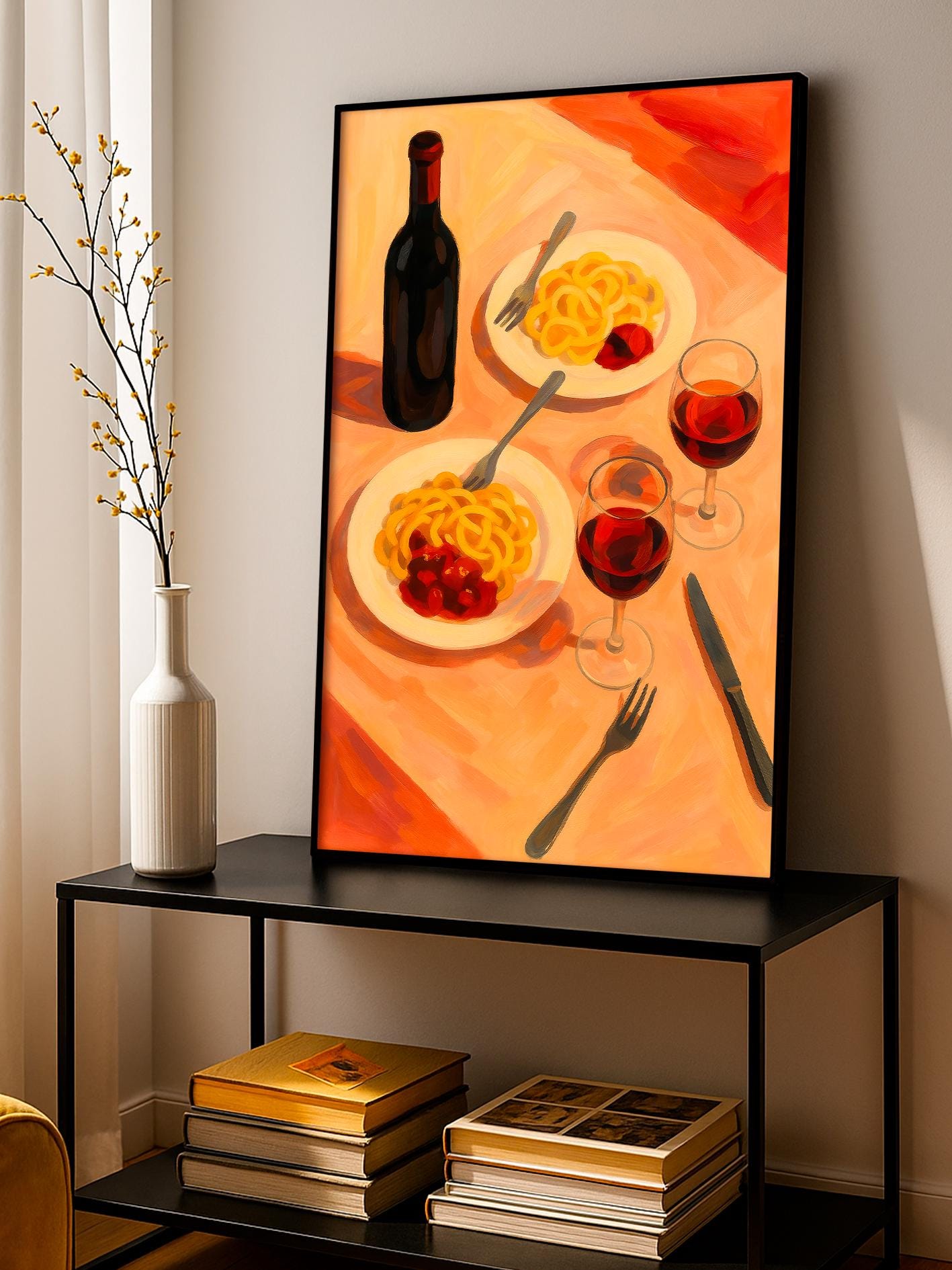 Italian Kitchen Poster – Pasta and Red Wine Art Print | Modern Wall Decor for Dining Room & Kitchen, Romantic Gift for Couples
