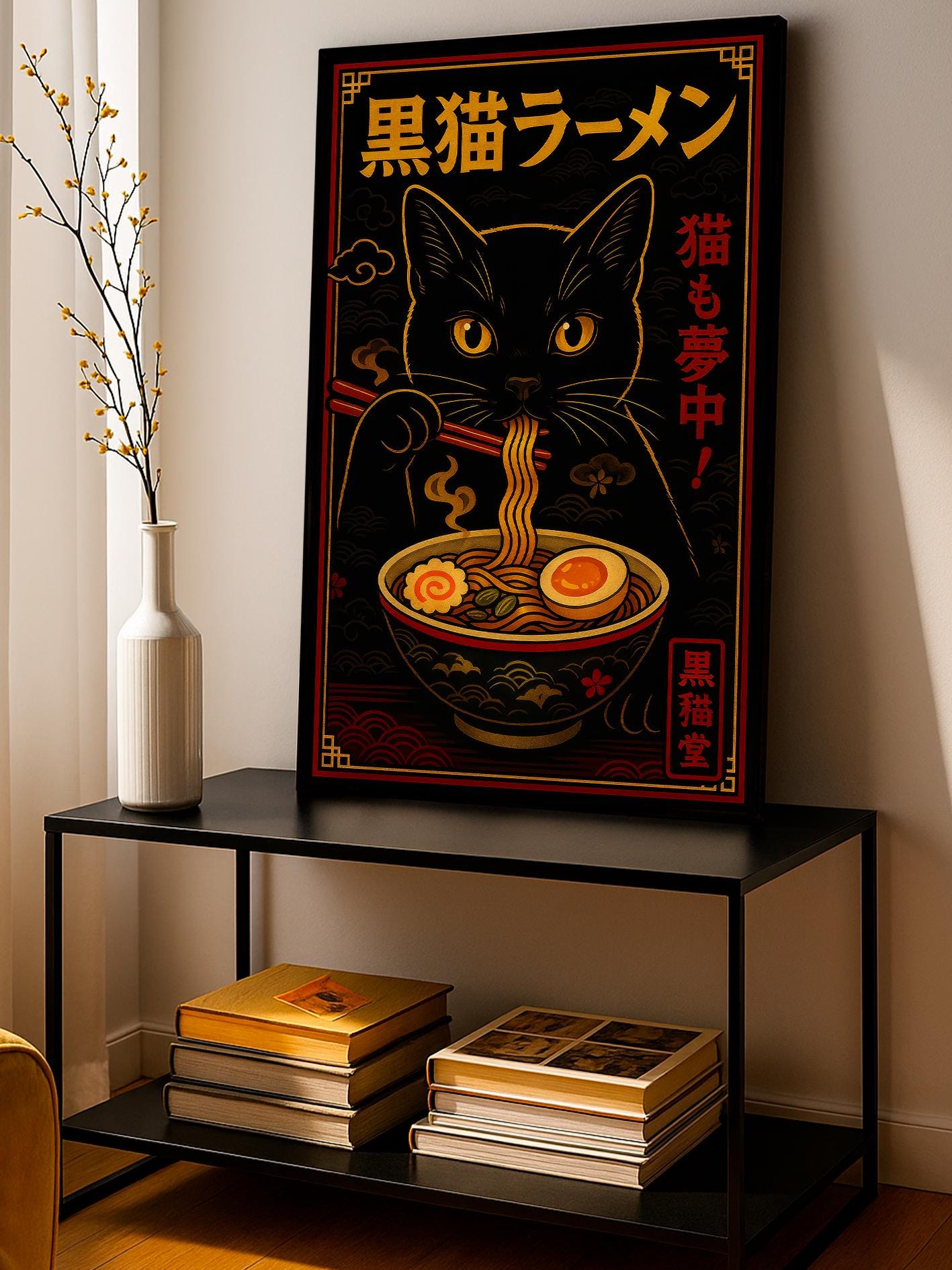 Kuro Neko Ramen Poster, Anime Black Cat Art, Japanese Wall Decor, Retro Noodle Bowl Print, Cute Kitchen Gift for Cat Lovers