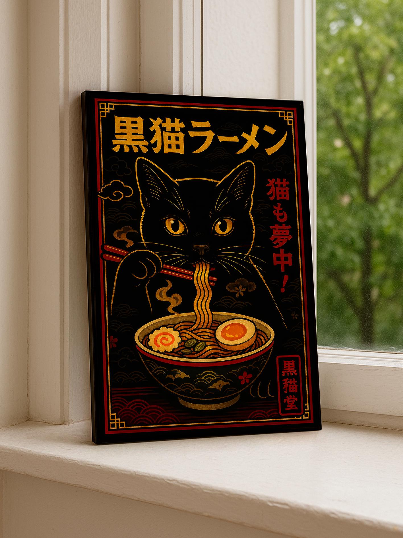 Kuro Neko Ramen Poster, Anime Black Cat Art, Japanese Wall Decor, Retro Noodle Bowl Print, Cute Kitchen Gift for Cat Lovers