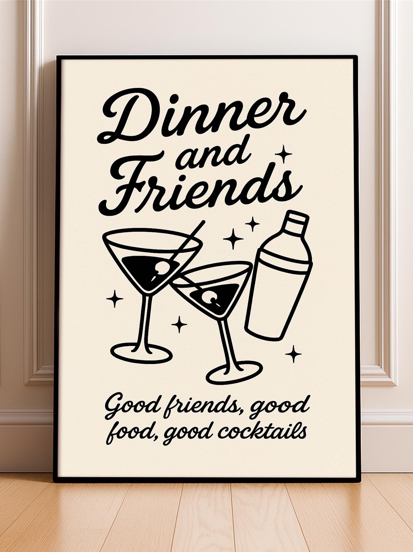 Dinner and Friends Poster, Cocktail Wall Art, Kitchen Print, Home Bar Decor, Friends Dinner Quote Print, Retro Drink Illustration