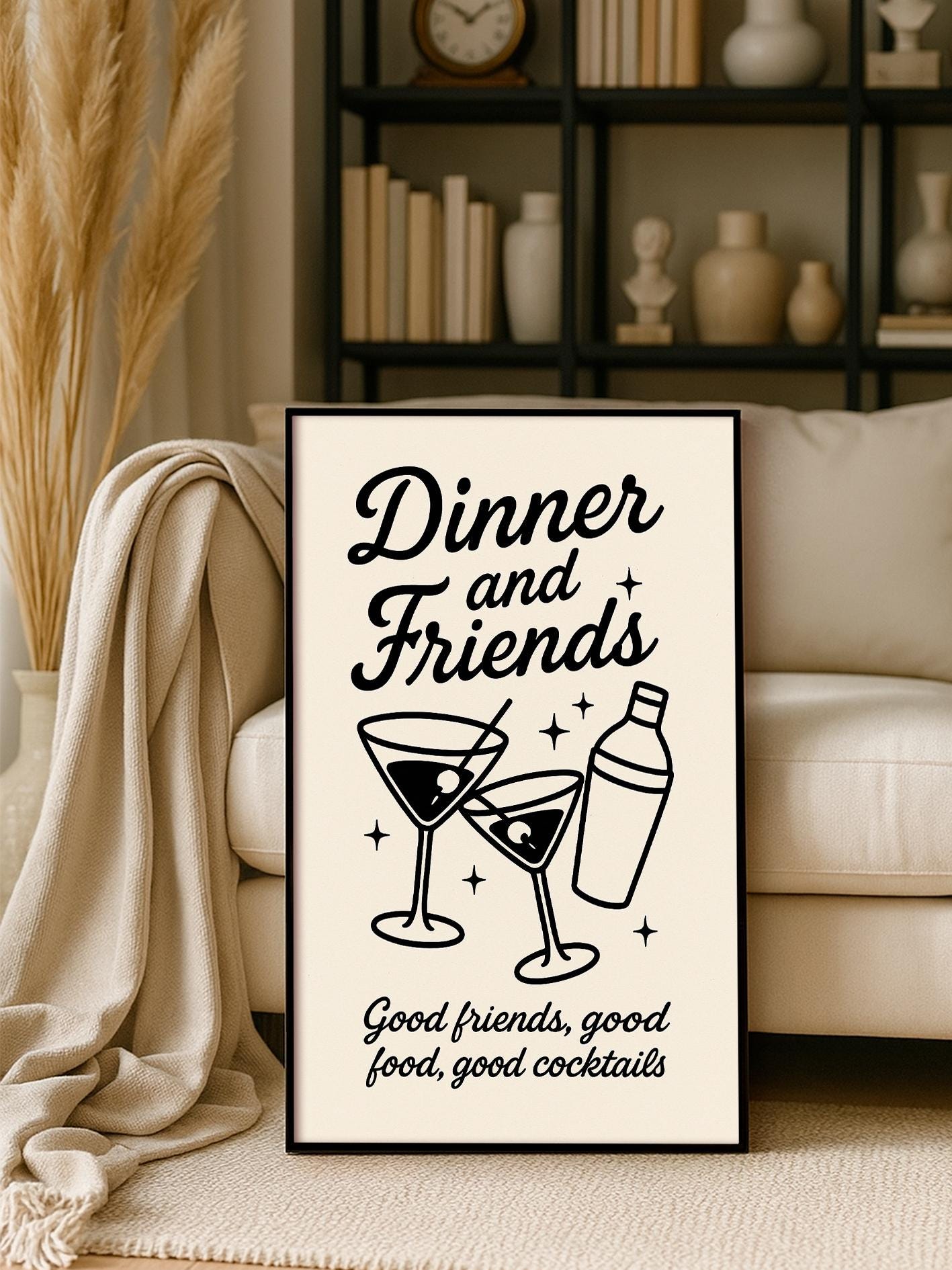 Dinner and Friends Poster, Cocktail Wall Art, Kitchen Print, Home Bar Decor, Friends Dinner Quote Print, Retro Drink Illustration