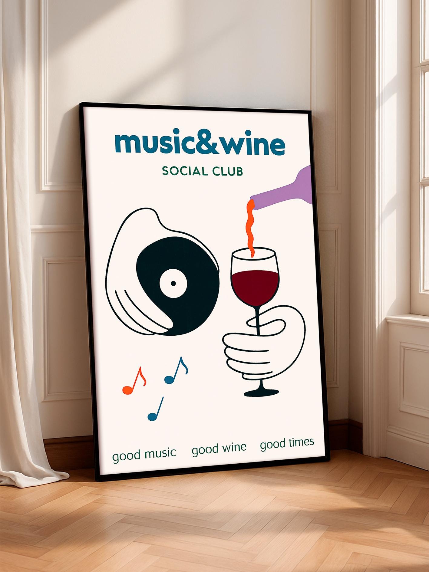 Music and Wine Poster, Music Wall Art, Wine Print Wall Decor, Retro Music Poster, Decorative Home Illustration