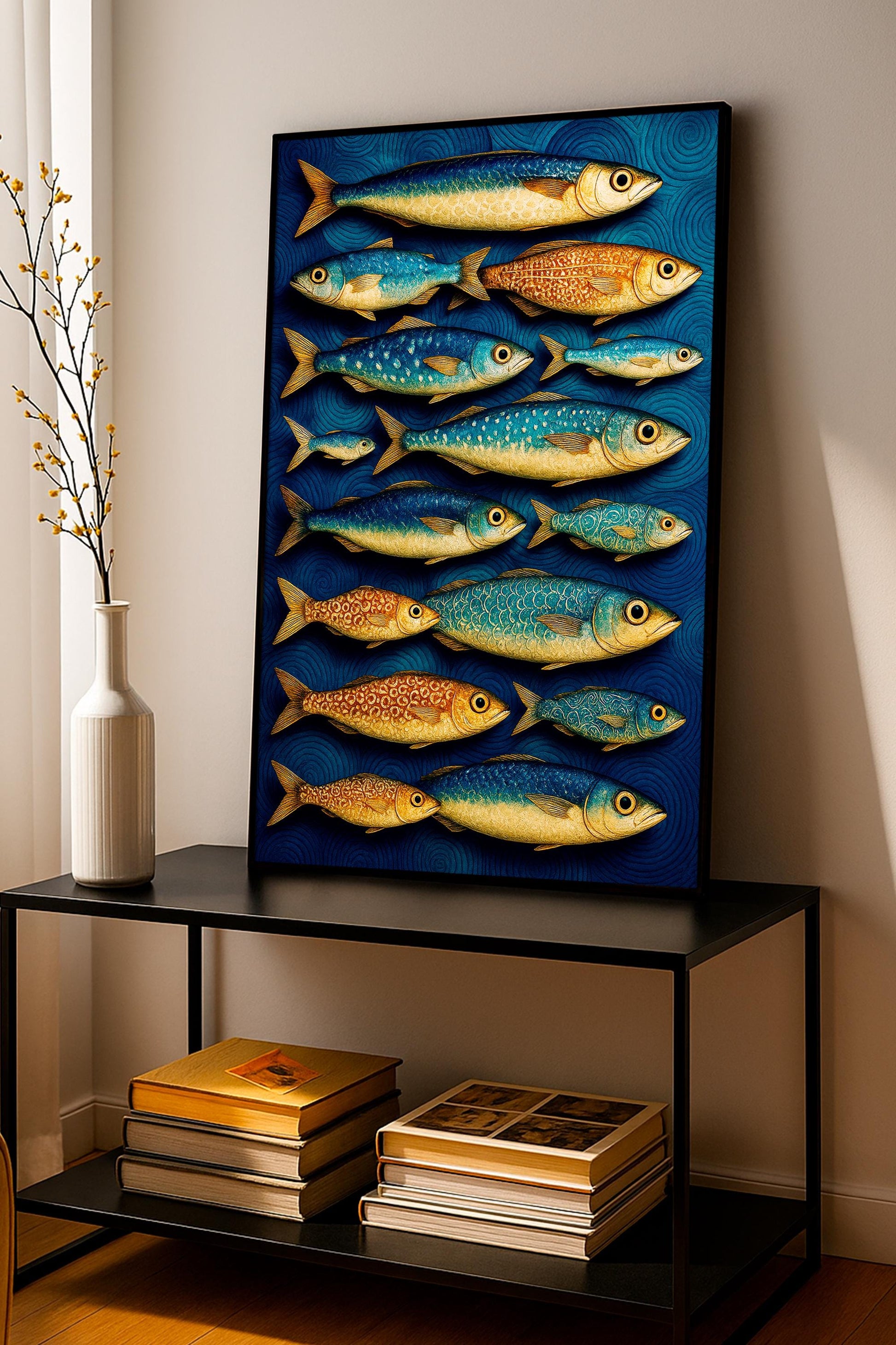 Blue and Gold Fish Poster, Abstract Fish Wall Art, Minimal Art, Mediterranean Print, Relaxing Home Décor, Nautical Wall Art