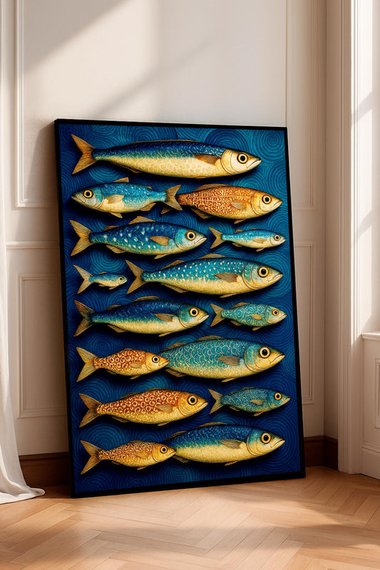 Blue and Gold Fish Poster, Abstract Fish Wall Art, Minimal Art, Mediterranean Print, Relaxing Home Décor, Nautical Wall Art
