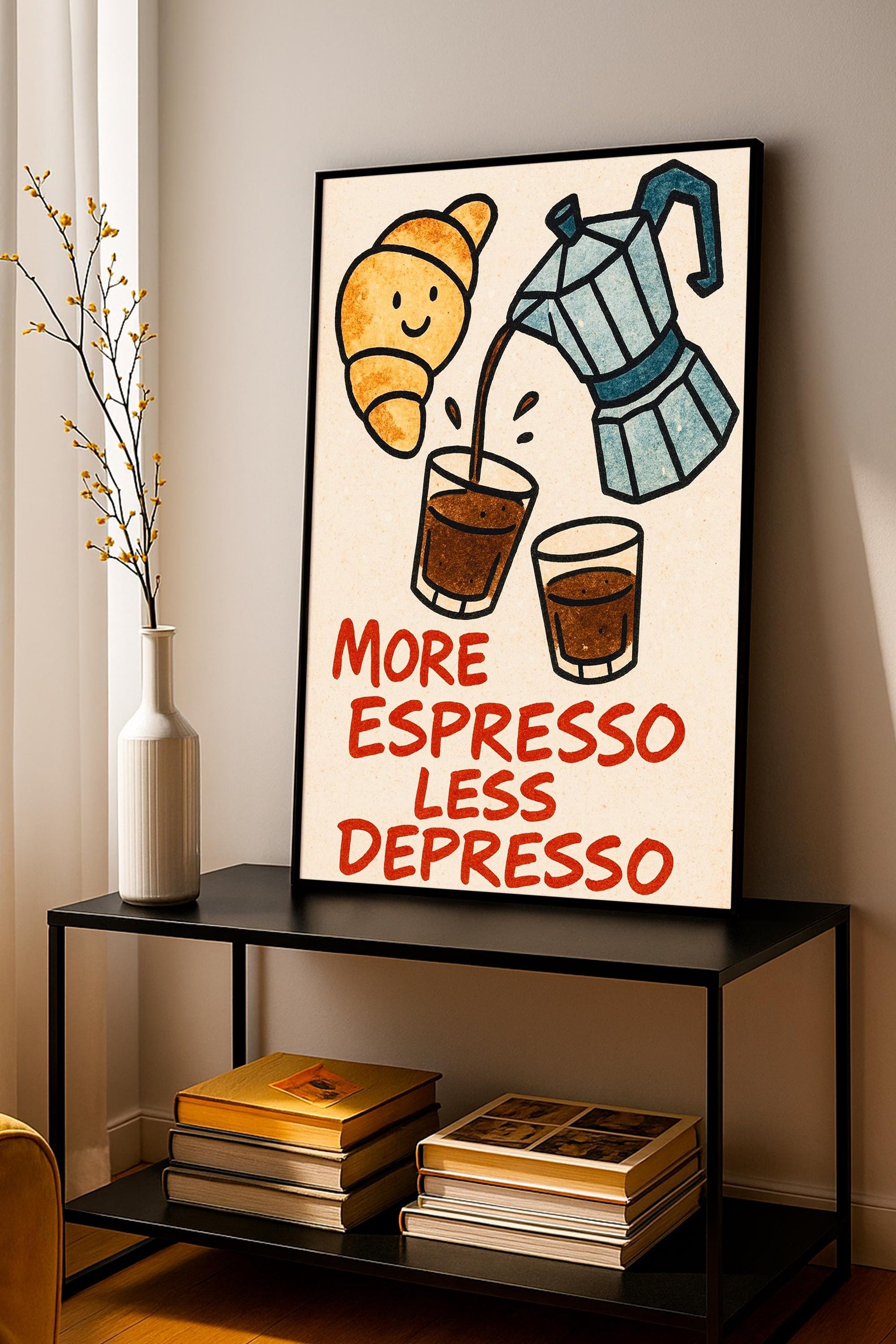 Italian Moka Espresso Retro Cartoon Print – "More Espresso Less Depresso" Coffee Quote, Motivational Poster, Kawaii Kitchen Wall Art