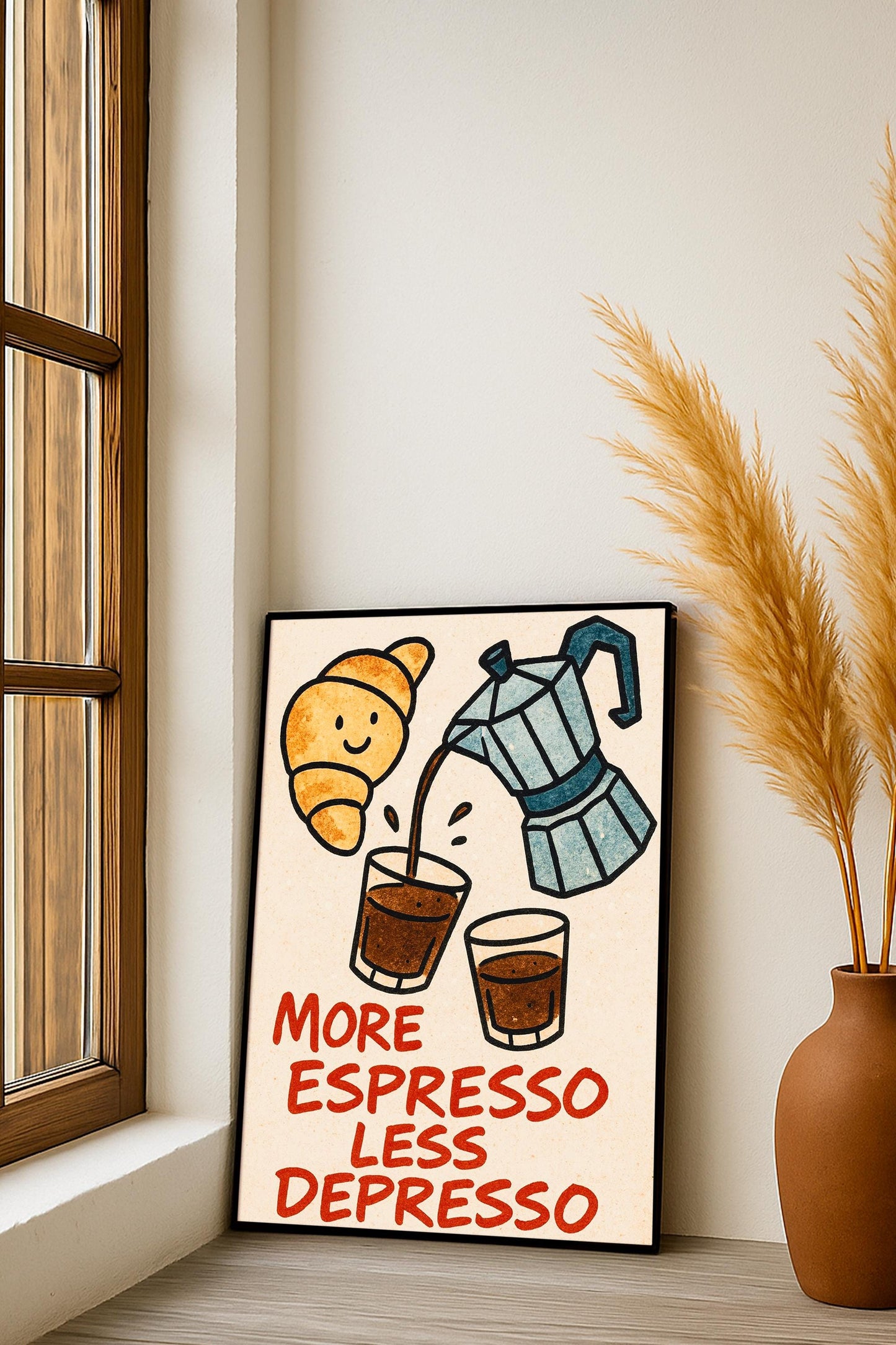 Italian Moka Espresso Retro Cartoon Print – "More Espresso Less Depresso" Coffee Quote, Motivational Poster, Kawaii Kitchen Wall Art