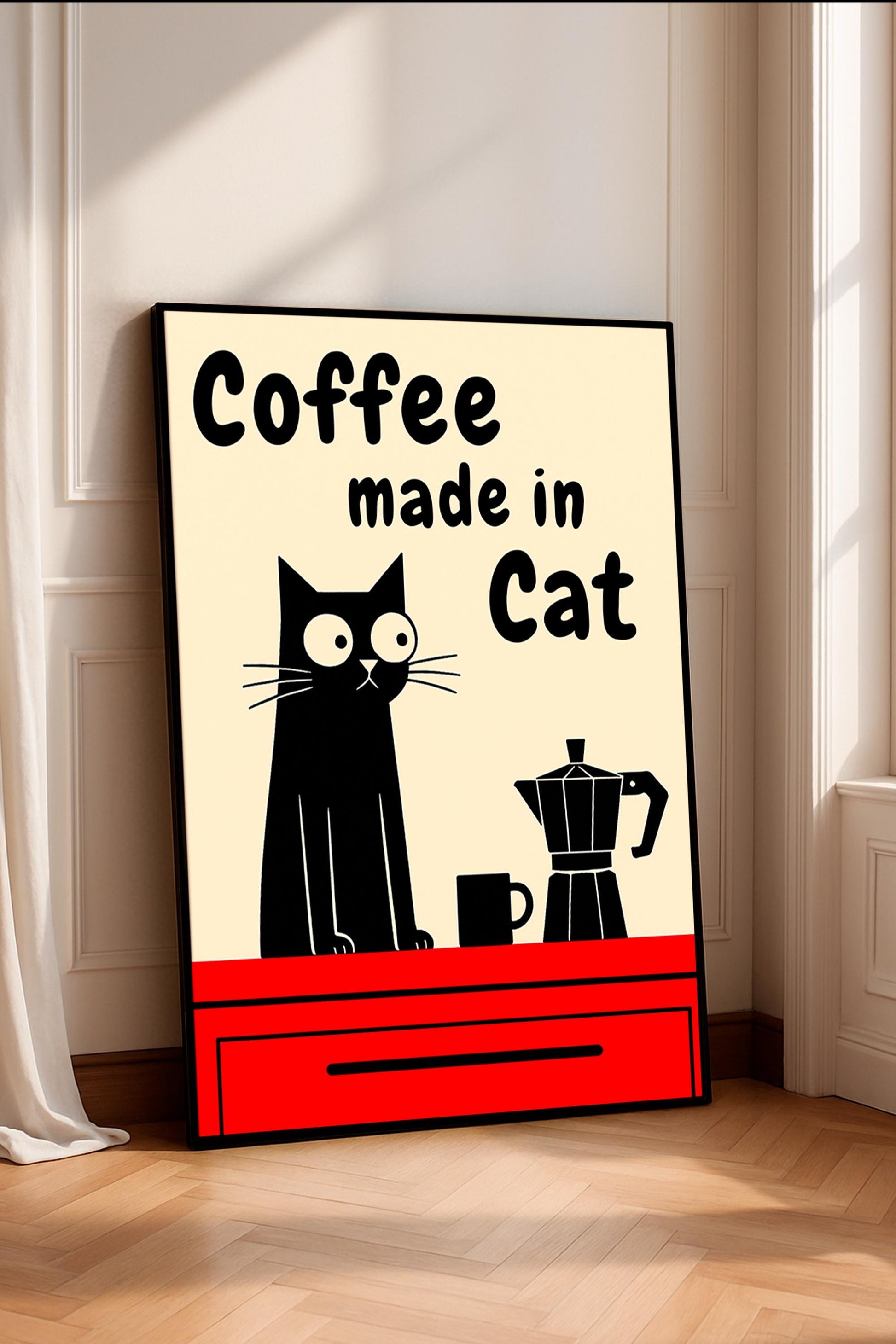 Black Cat Coffee Poster with Moka Pot – Retro Kitchen Wall Art, Vintage Coffee Cat Print