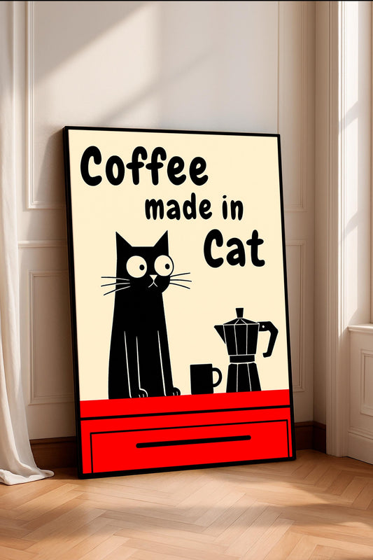 Black Cat Coffee Poster with Moka Pot – Retro Kitchen Wall Art, Vintage Coffee Cat Print