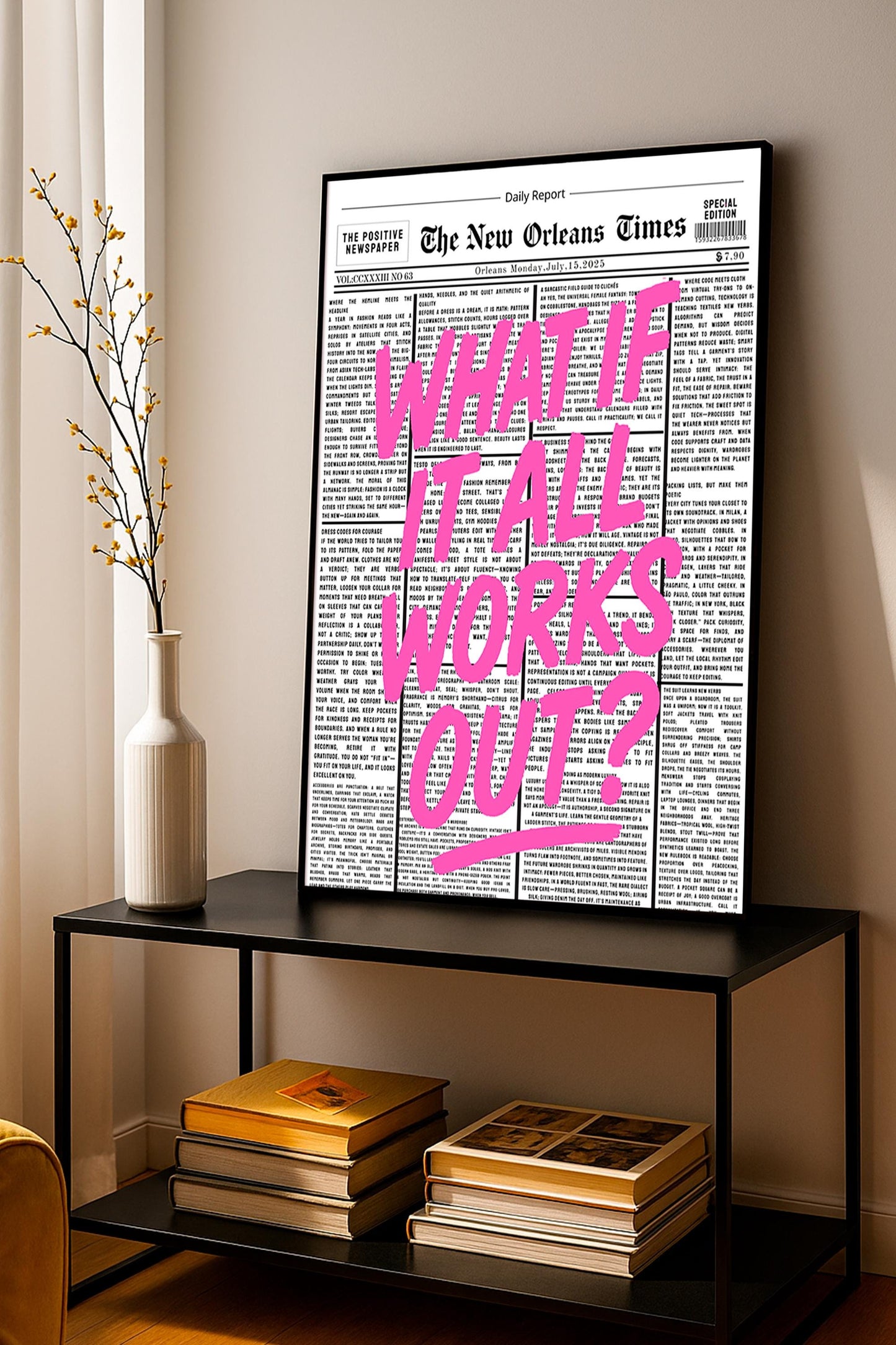 Motivational Quote Poster "What if it all works out?" – Retro Newspaper Style, Pink Brush Typography, Wall Art, Preppy Dorm Decor