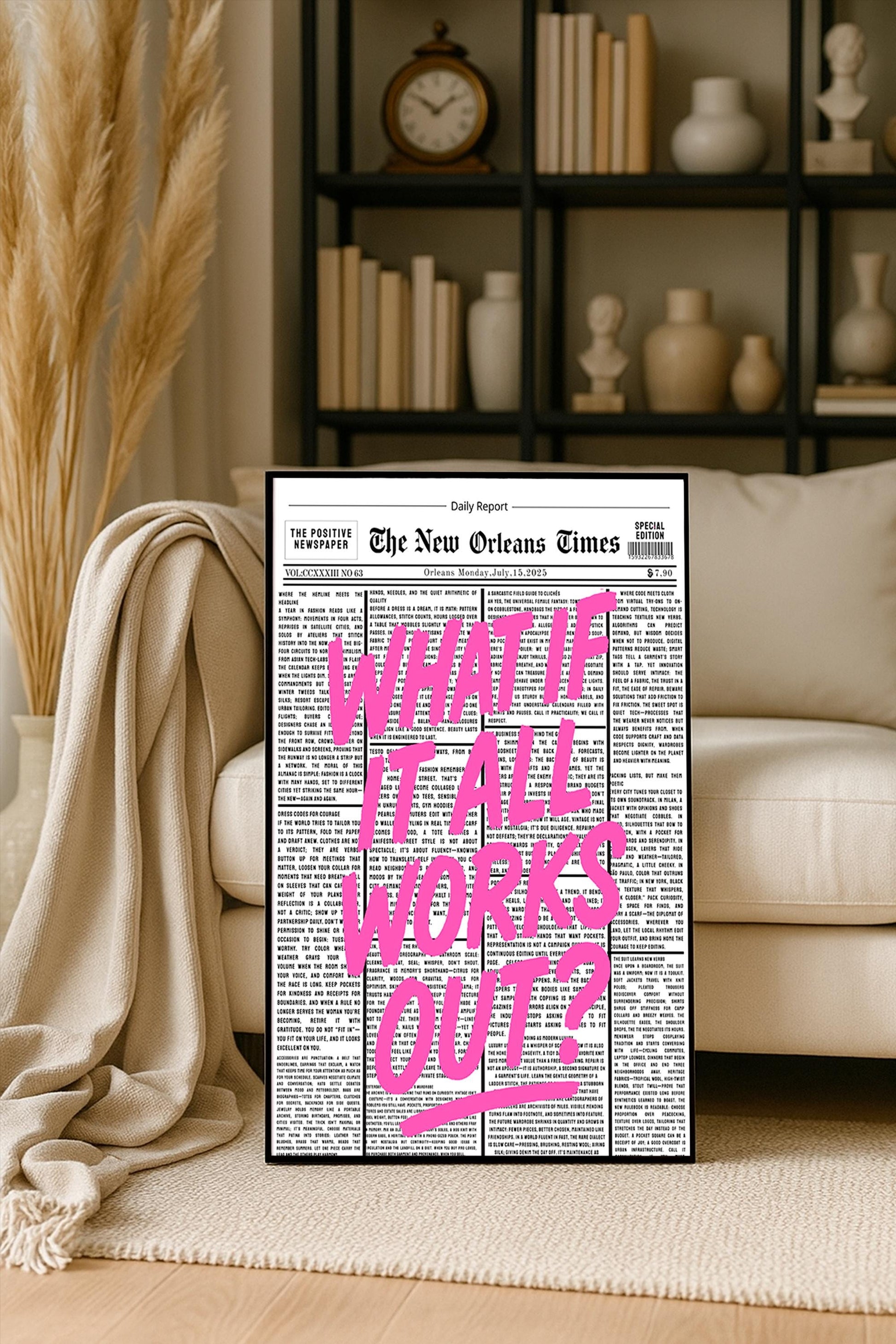 Motivational Quote Poster "What if it all works out?" – Retro Newspaper Style, Pink Brush Typography, Wall Art, Preppy Dorm Decor