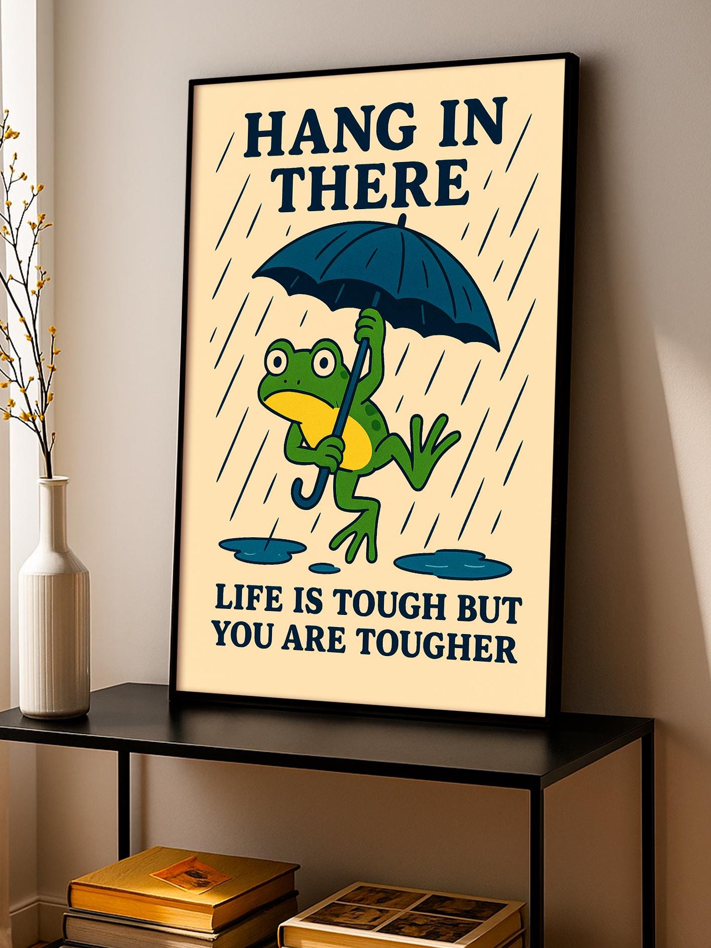 Frog Print with Umbrella, Motivational Quote Poster, Funny Wall Art with Cute Saying, Nursery Room Décor, A2, A3, A4