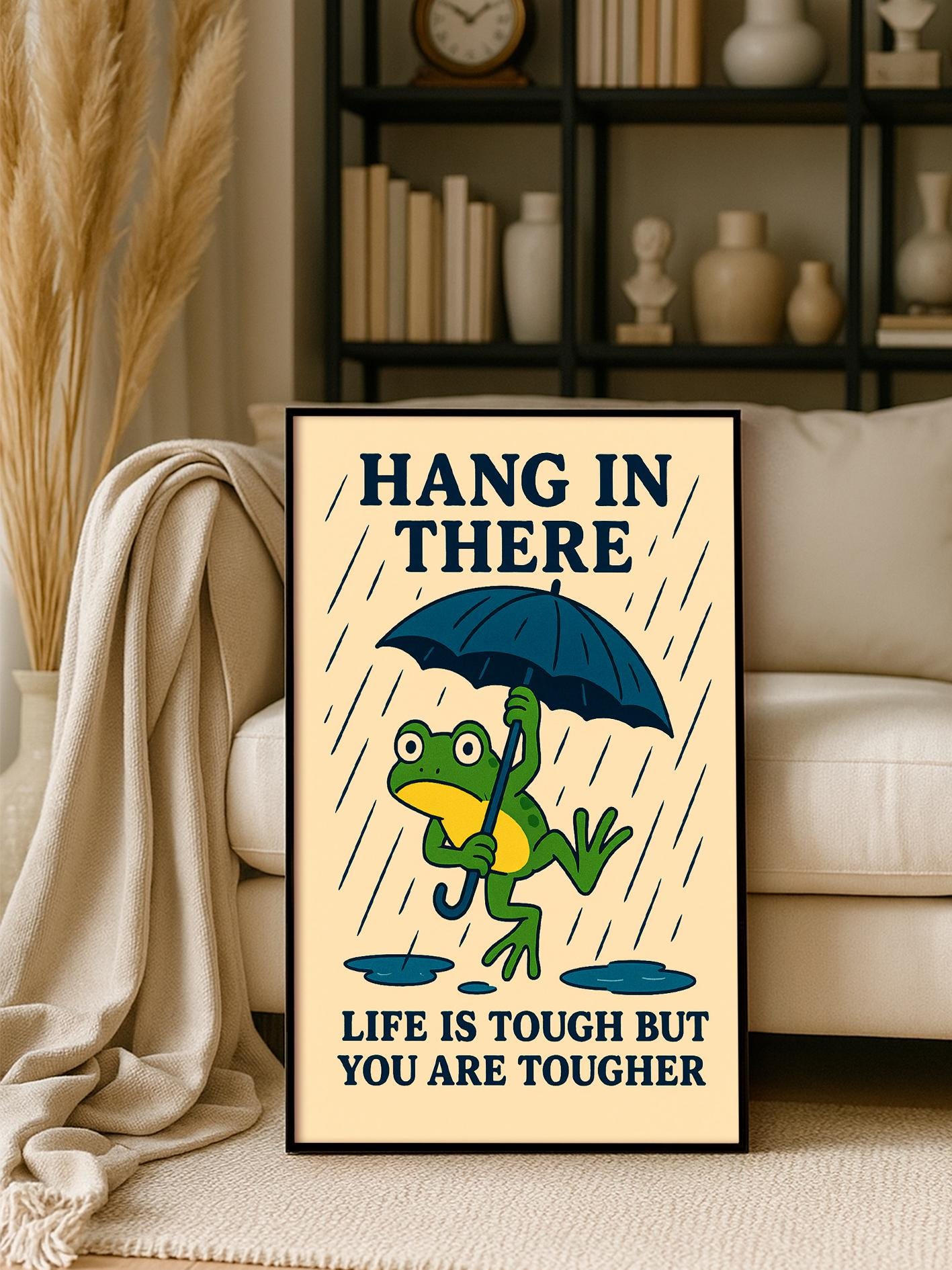 Frog Print with Umbrella, Motivational Quote Poster, Funny Wall Art with Cute Saying, Nursery Room Décor, A2, A3, A4