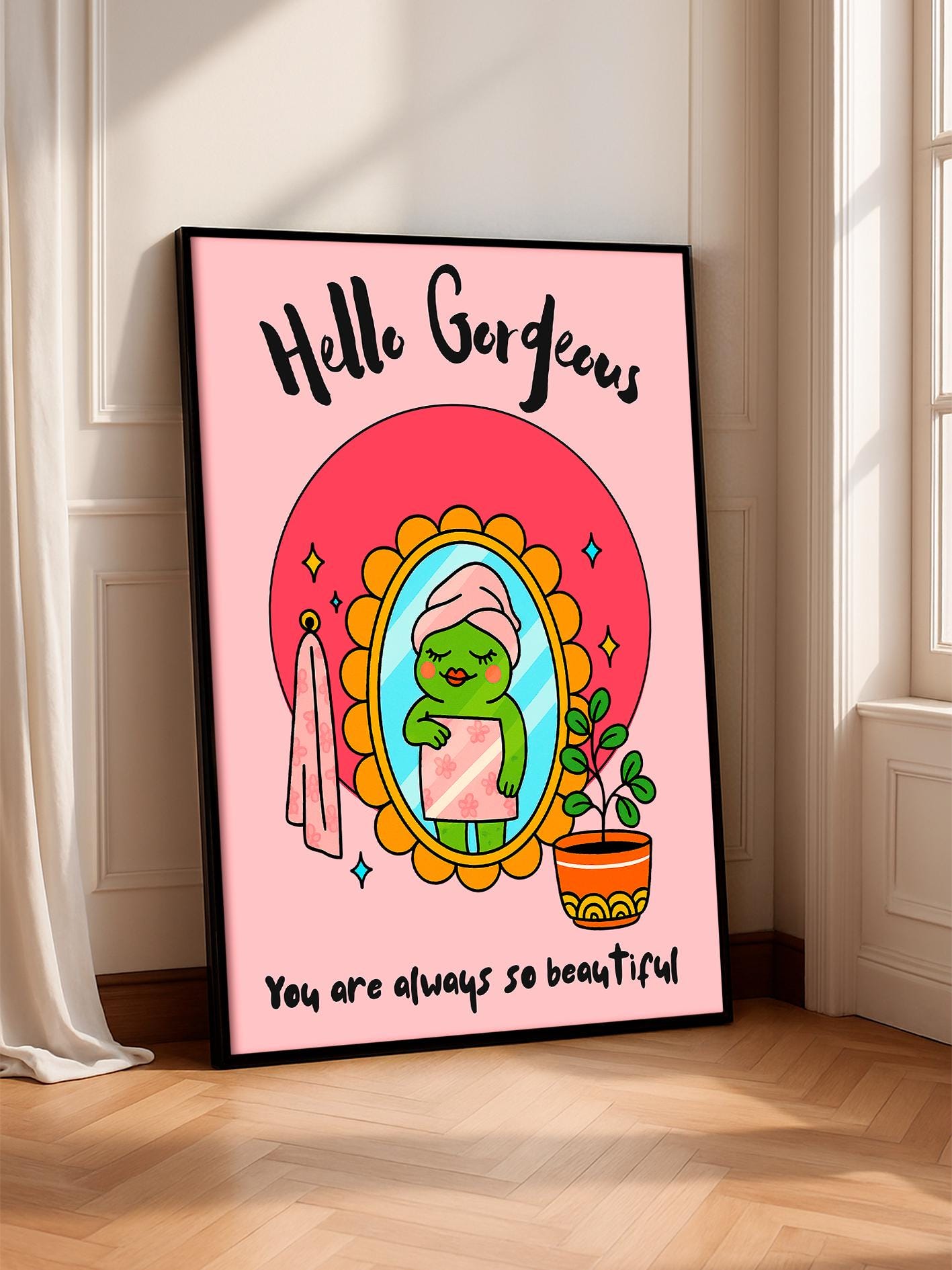 Motivational Body-Positive Poster, “Hello Gorgeous” Frog-in-the-Mirror Print, Colorful Bathroom Illustration, Self-Esteem and Self-Care Gift