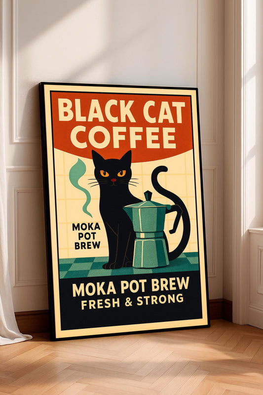 Black Cat Coffee Poster, Retro Moka Pot Kitchen Wall Art, Vintage Cafe Decor, Espresso Cat Print, Mid-Century Style, Gift for Coffee Lovers