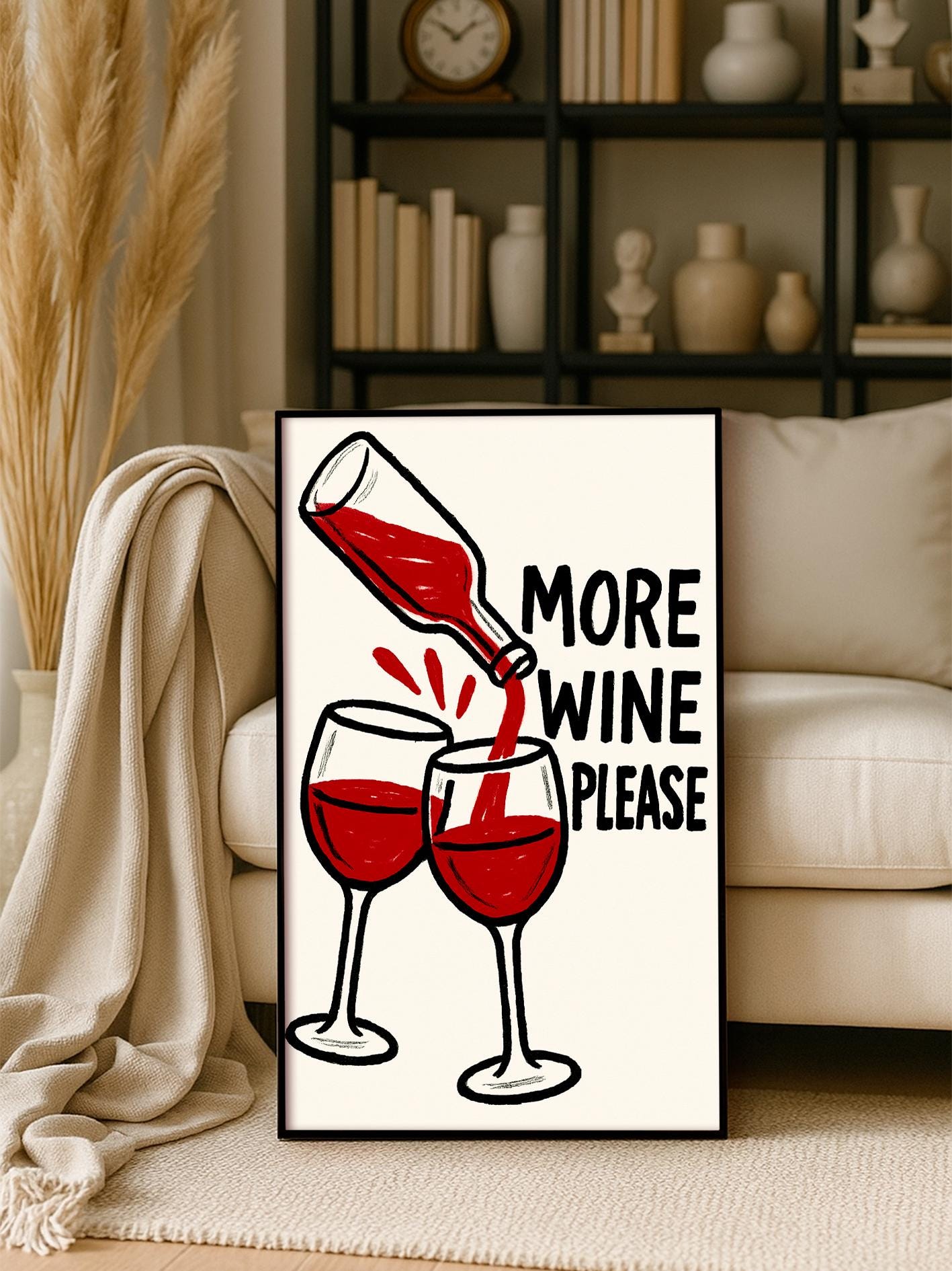 More Wine Please Print, Red Wine Poster, Kitchen Wall Art Decor, Bar Cart Art, Funny Alcohol Gift for Wine Lovers