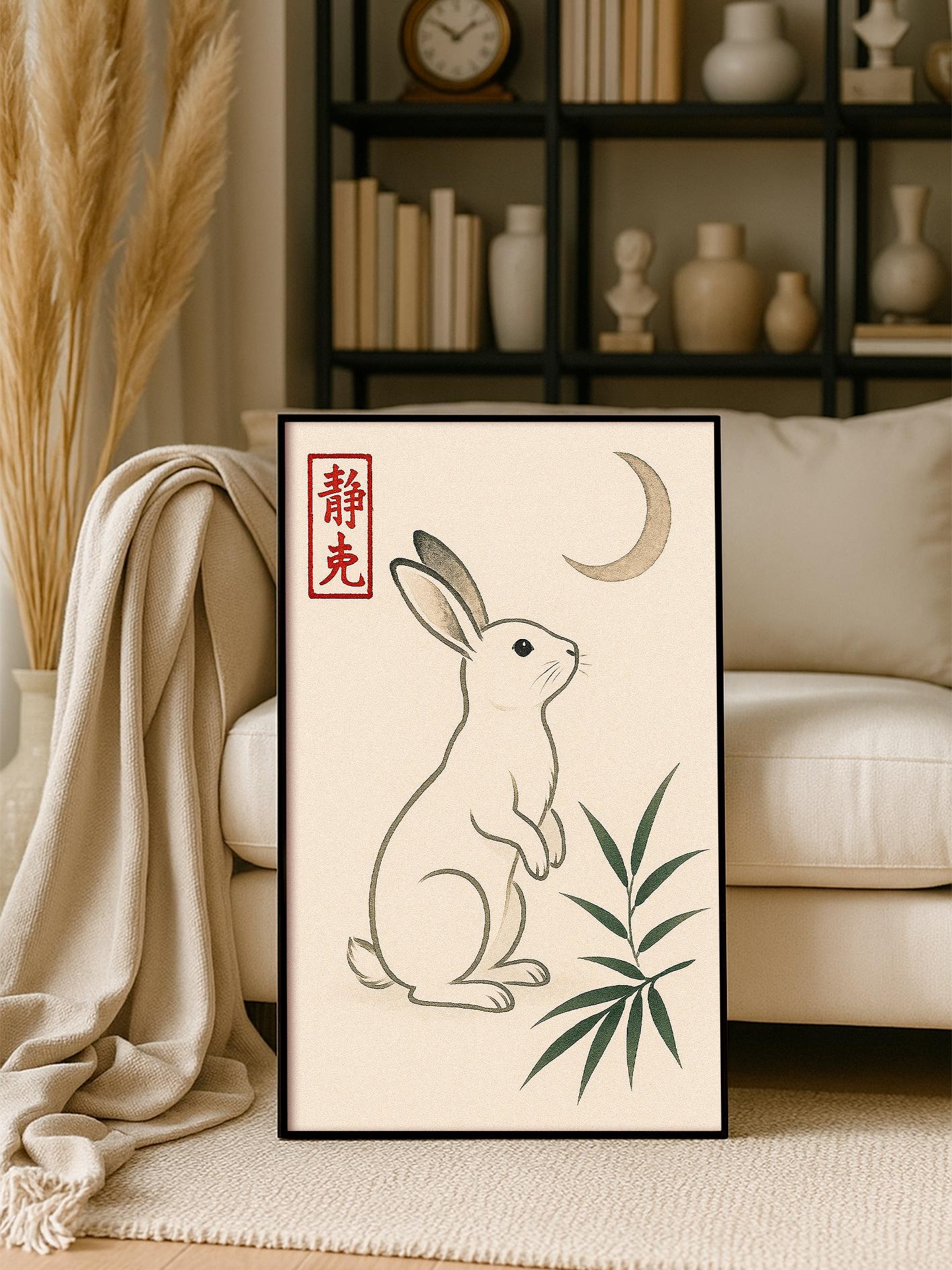 Japanese Rabbit and Moon Poster, Minimalist Zen Wall Art, Boho Japanese Print, Gift Idea