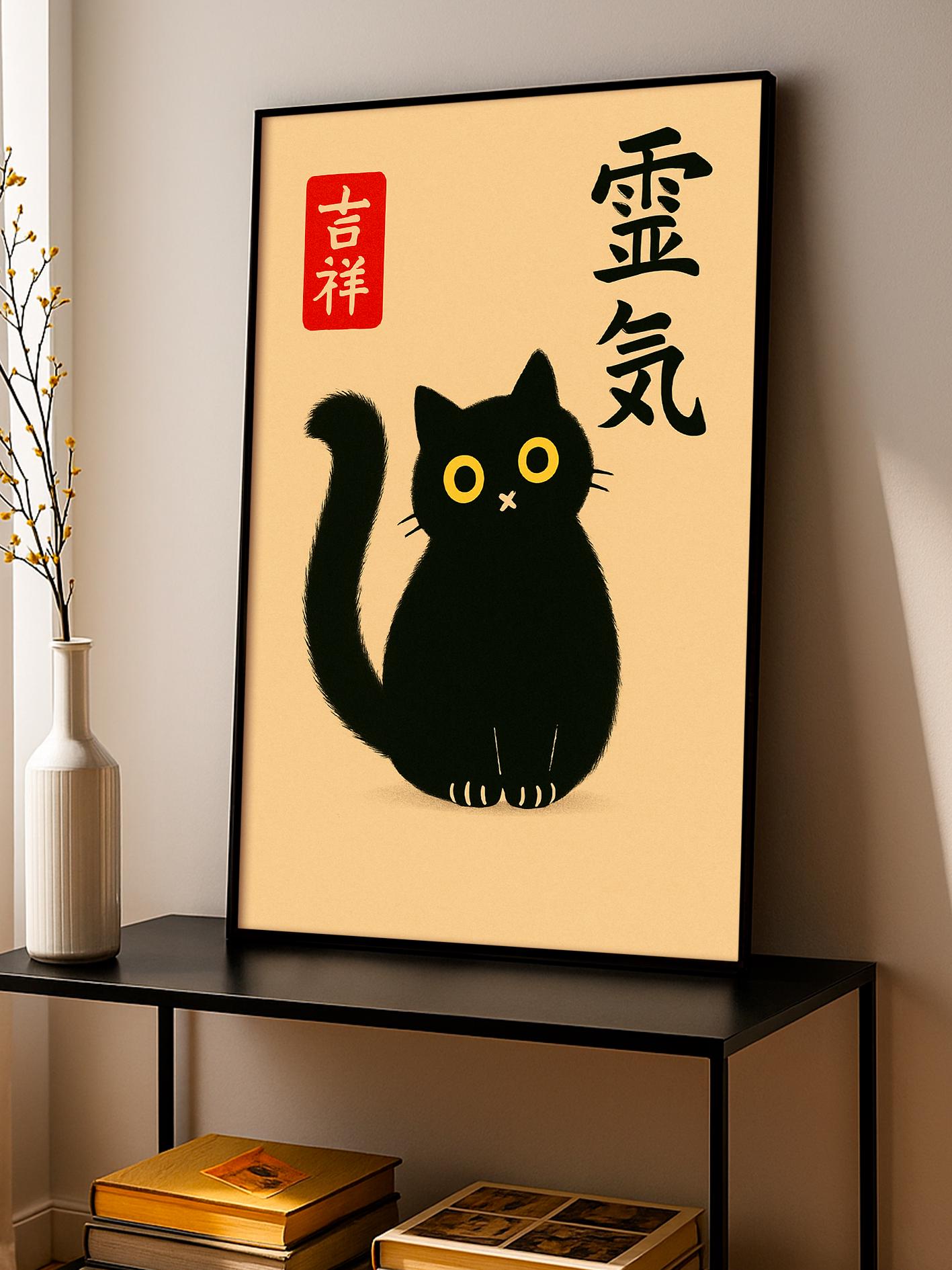 Black Cat Japanese Art Print – Neutral Minimalist Wall Decor, Aesthetic Cat Poster, Unique Gift for Cat Lovers