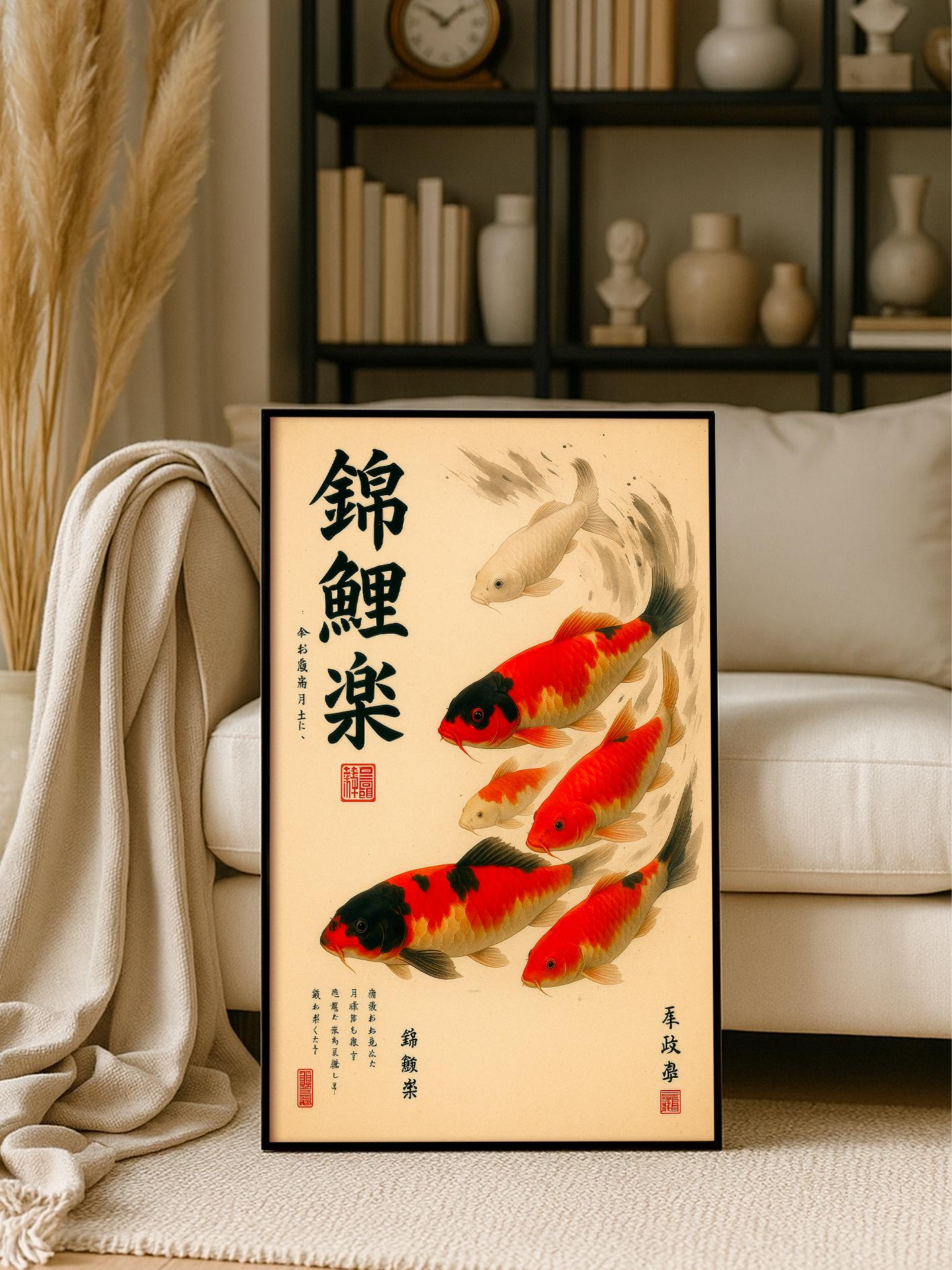 Japanese Koi Fish Poster, Minimal Zen Wall Print, Oriental Art for Japandi Decor, Ink Painting of a Serene Pond, Modern Asian Wall Art