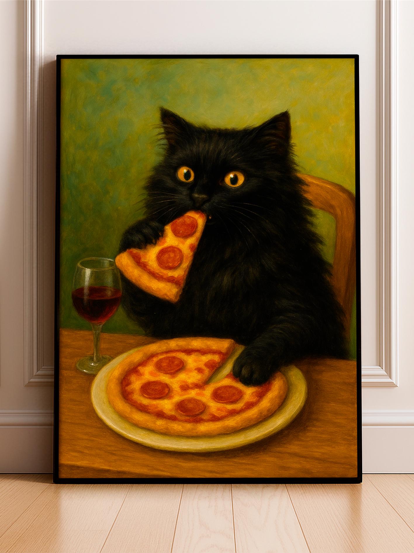 Black Cat Eating Pizza Poster – Funny Kitchen Wall Art Print, Cute Black Cat Decor, Pizza Lover Gift, Dining Room & Pizzeria Artwork