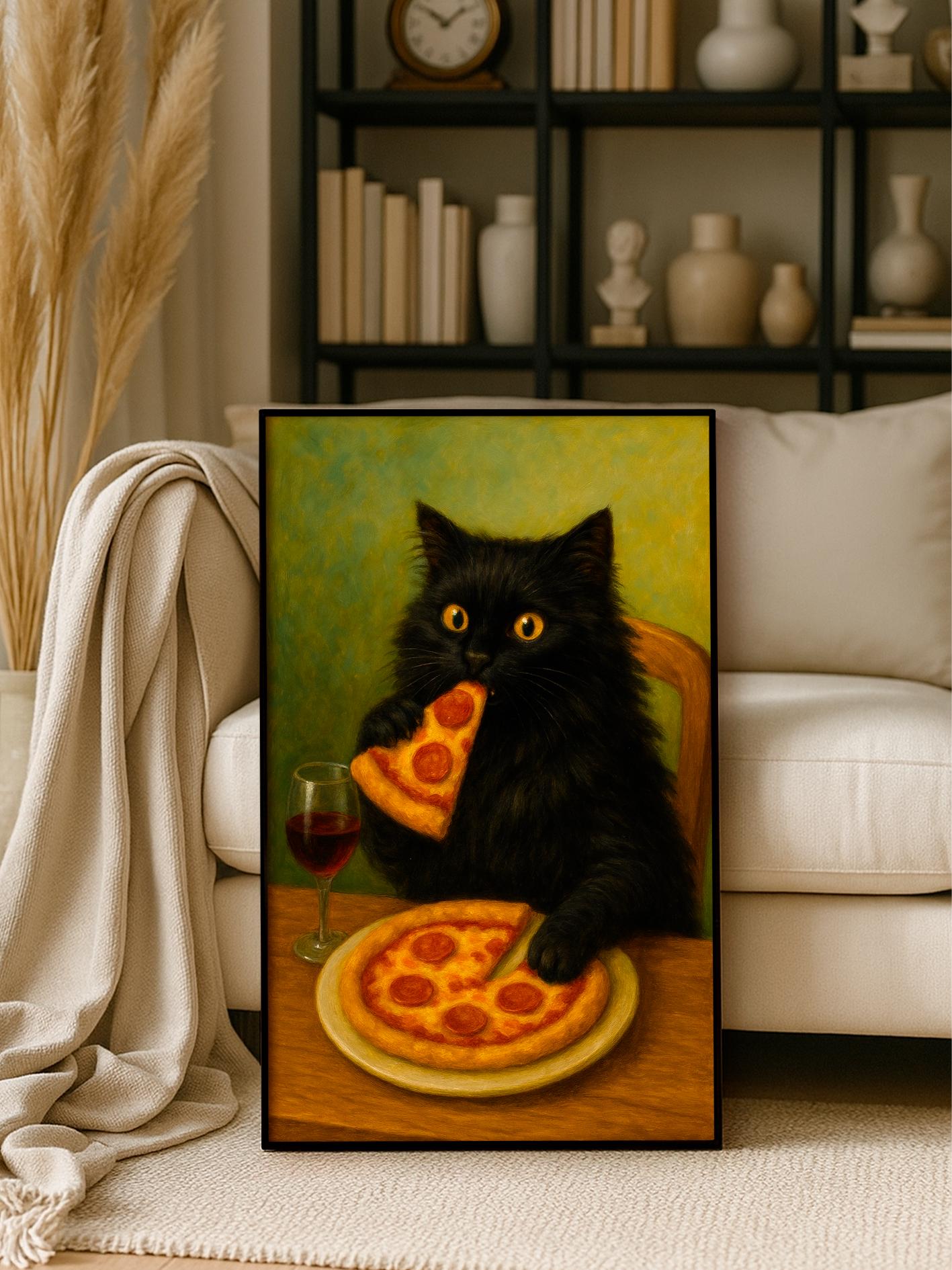 Black Cat Eating Pizza Poster – Funny Kitchen Wall Art Print, Cute Black Cat Decor, Pizza Lover Gift, Dining Room & Pizzeria Artwork