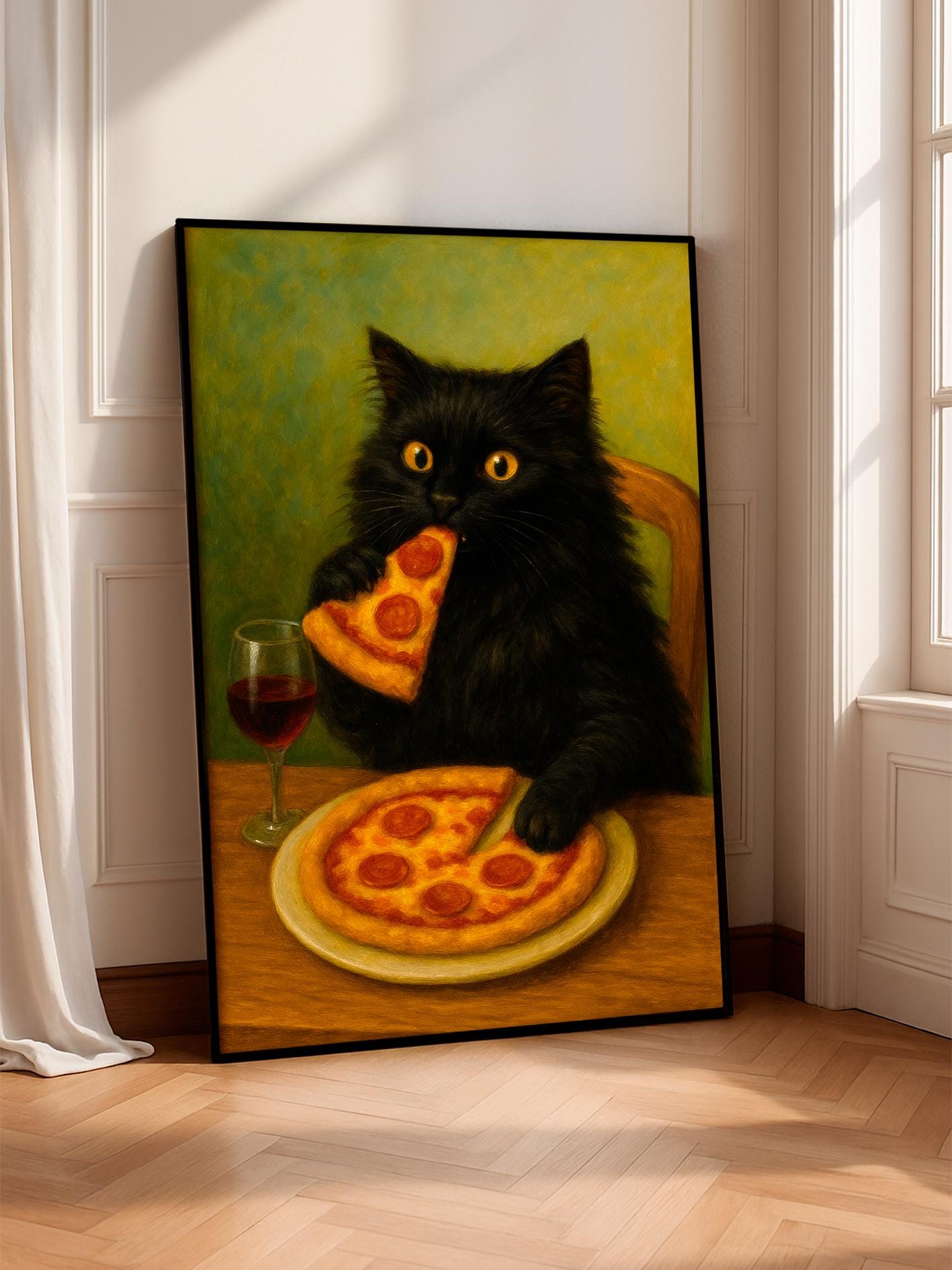 Black Cat Eating Pizza Poster – Funny Kitchen Wall Art Print, Cute Black Cat Decor, Pizza Lover Gift, Dining Room & Pizzeria Artwork