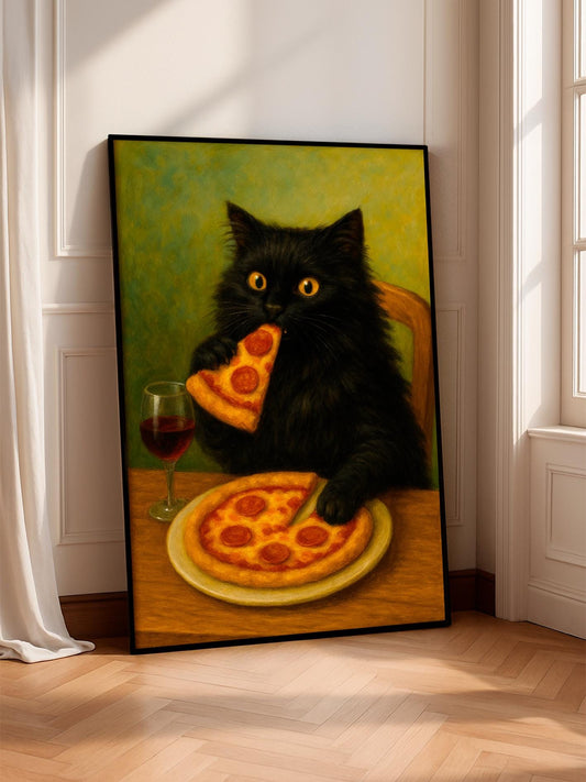 Black Cat Eating Pizza Poster – Funny Kitchen Wall Art Print, Cute Black Cat Decor, Pizza Lover Gift, Dining Room & Pizzeria Artwork