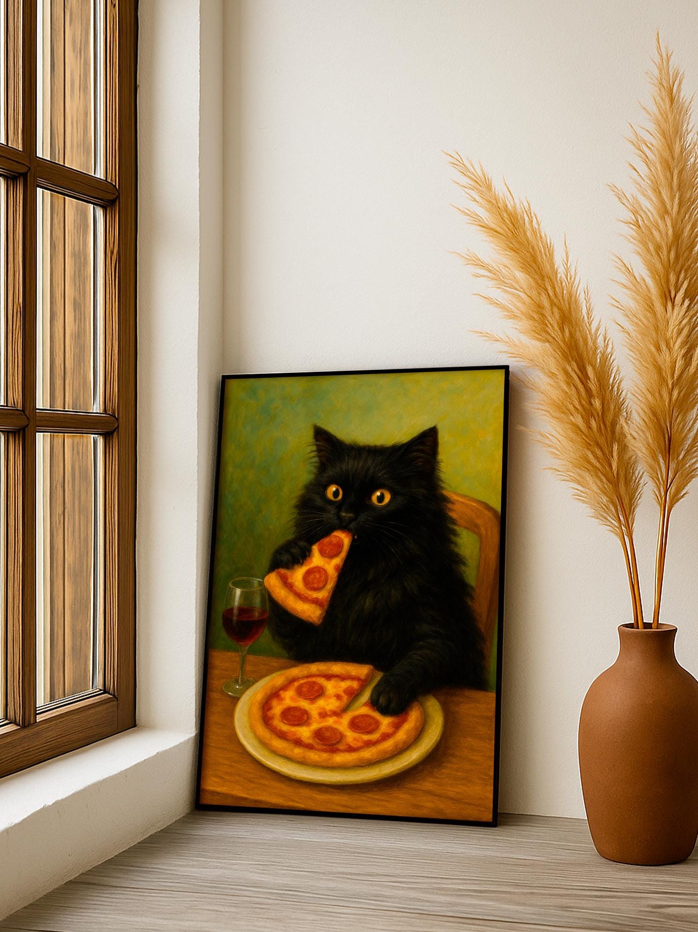 Black Cat Eating Pizza Poster – Funny Kitchen Wall Art Print, Cute Black Cat Decor, Pizza Lover Gift, Dining Room & Pizzeria Artwork