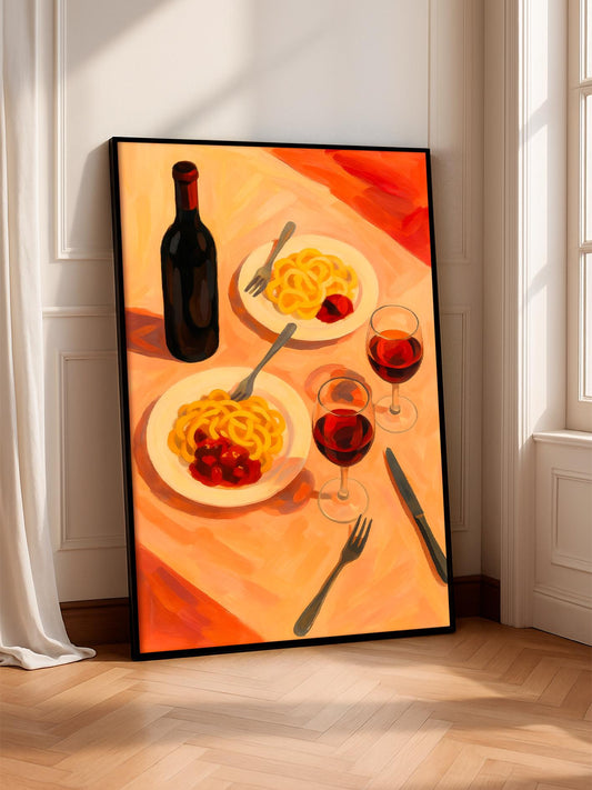 Italian Kitchen Poster – Pasta and Red Wine Art Print | Modern Wall Decor for Dining Room & Kitchen, Romantic Gift for Couples