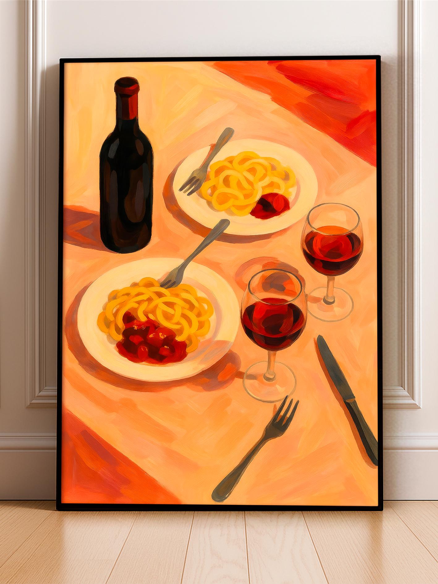 Italian Kitchen Poster – Pasta and Red Wine Art Print | Modern Wall Decor for Dining Room & Kitchen, Romantic Gift for Couples