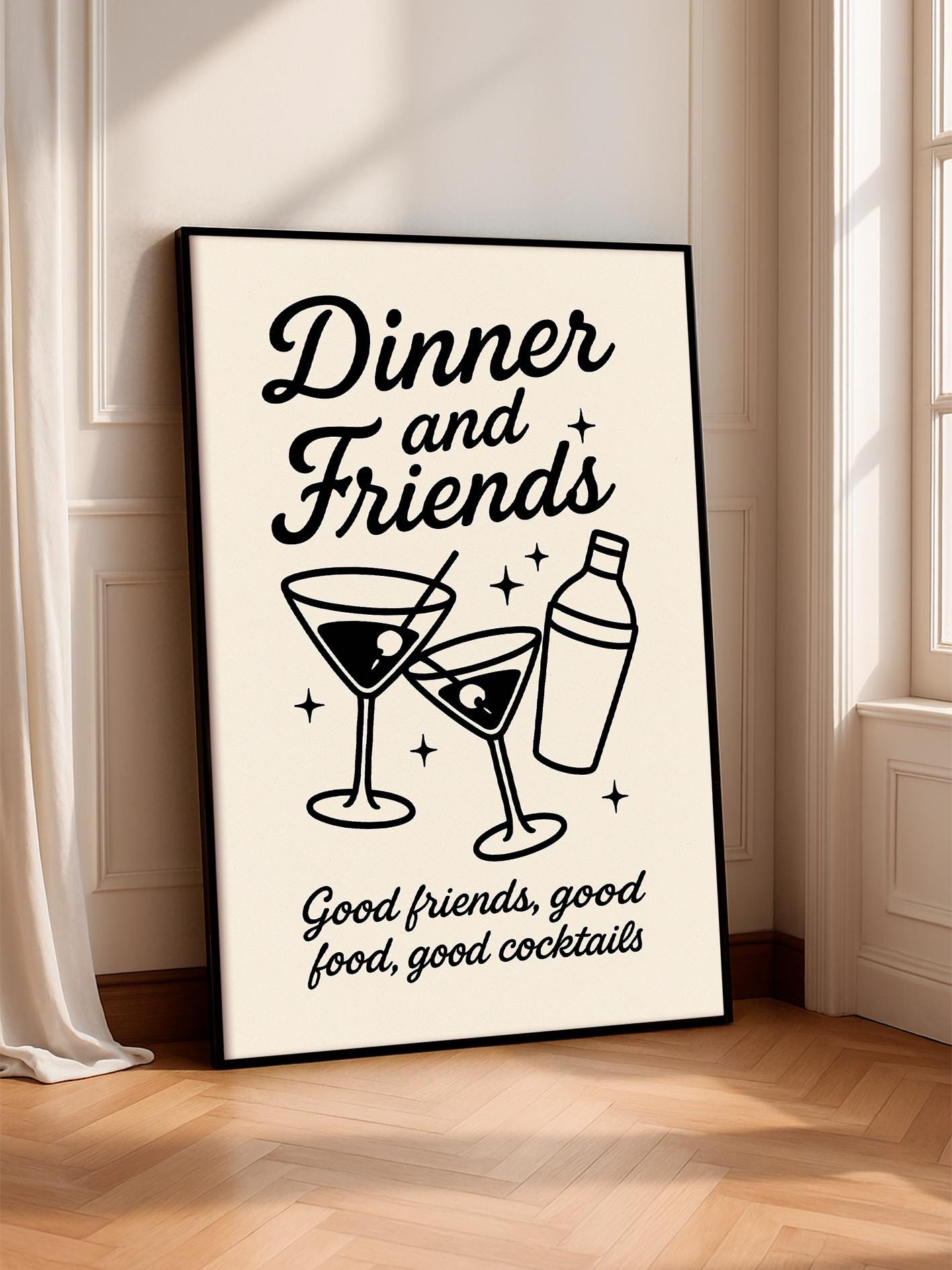 Dinner and Friends Poster, Cocktail Wall Art, Kitchen Print, Home Bar Decor, Friends Dinner Quote Print, Retro Drink Illustration