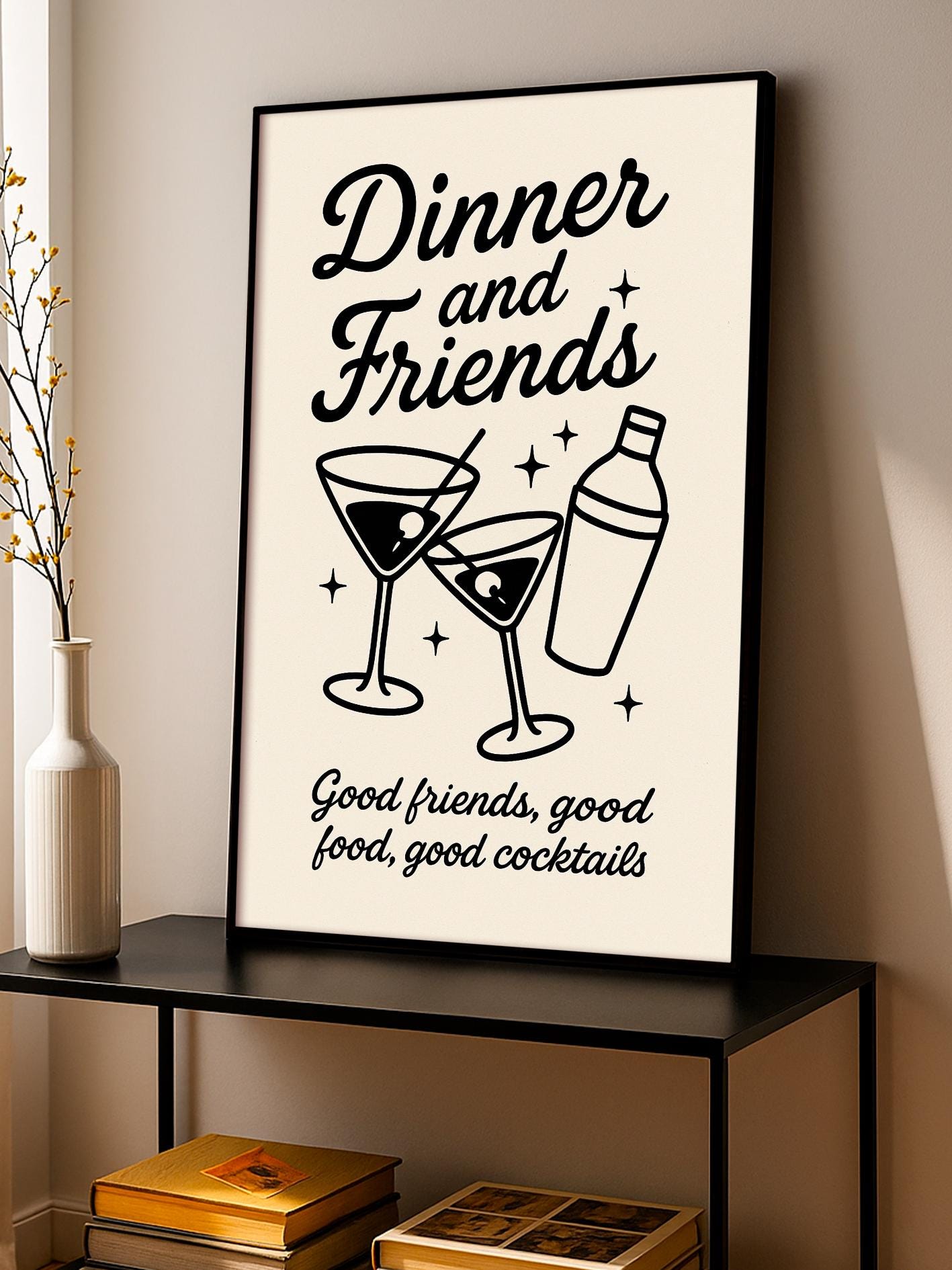 Dinner and Friends Poster, Cocktail Wall Art, Kitchen Print, Home Bar Decor, Friends Dinner Quote Print, Retro Drink Illustration