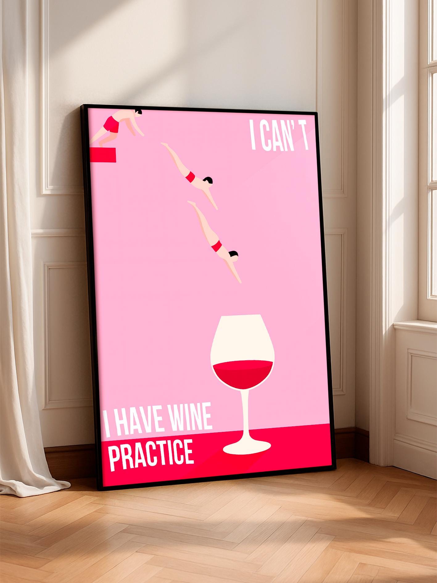 I Have Wine Practice poster, funny wine print, diver in wine glass art, pink minimalist wall art, retro bar decor, kitchen wine poster