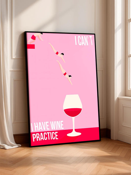 I Have Wine Practice poster, funny wine print, diver in wine glass art, pink minimalist wall art, retro bar decor, kitchen wine poster