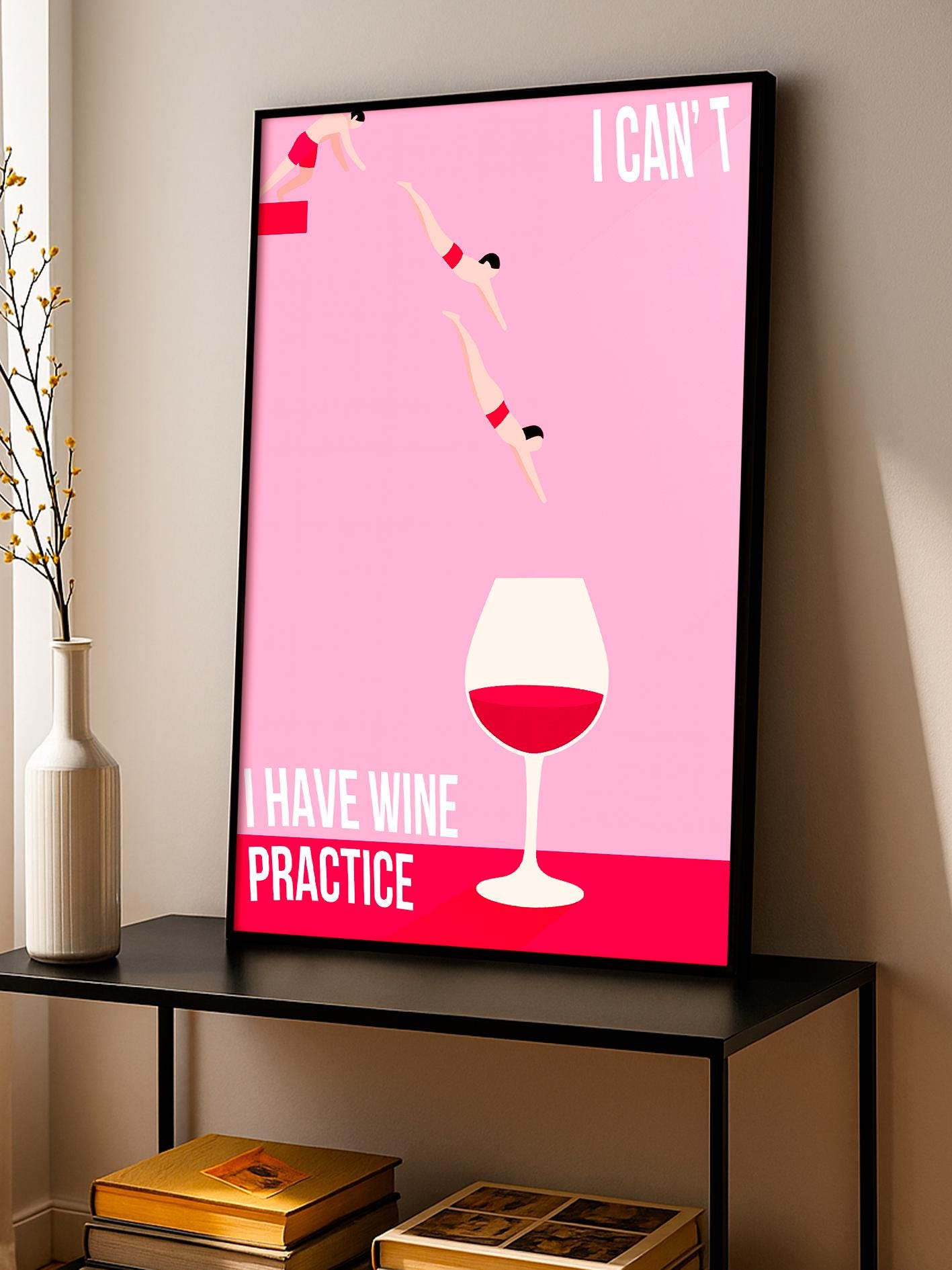 I Have Wine Practice poster, funny wine print, diver in wine glass art, pink minimalist wall art, retro bar decor, kitchen wine poster