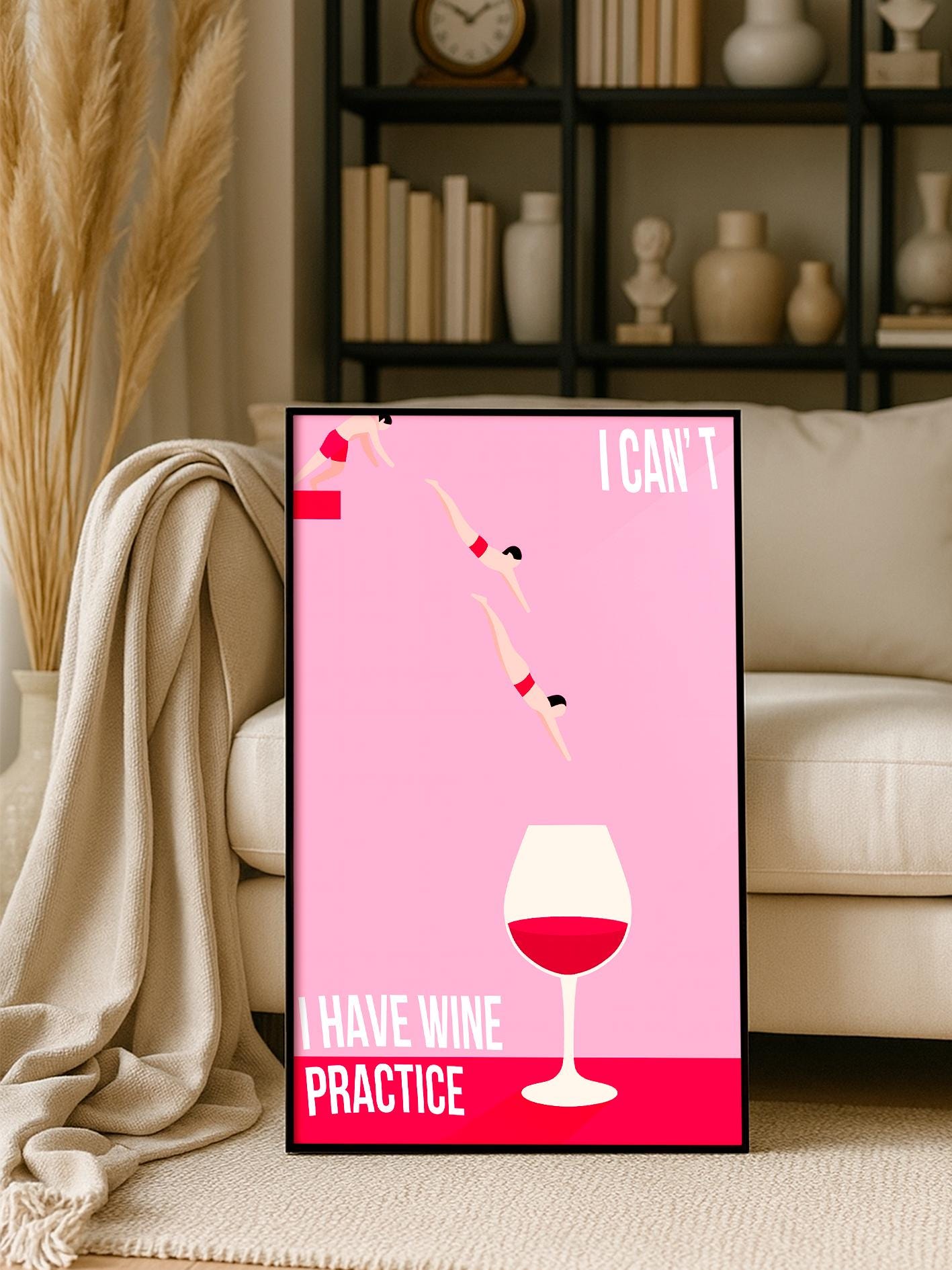 I Have Wine Practice poster, funny wine print, diver in wine glass art, pink minimalist wall art, retro bar decor, kitchen wine poster