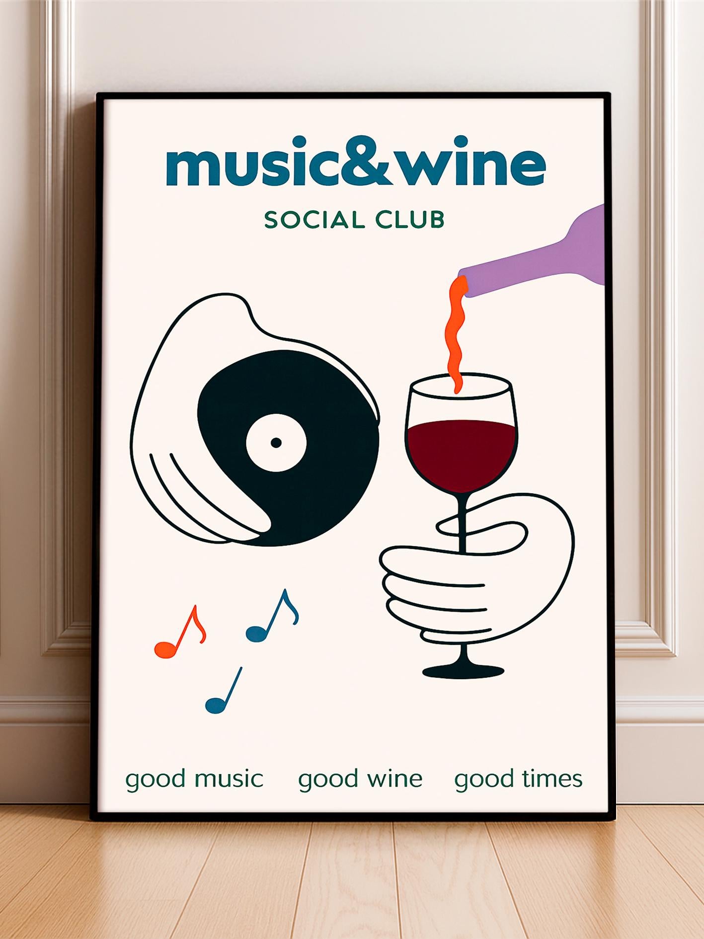 Music and Wine Poster, Music Wall Art, Wine Print Wall Decor, Retro Music Poster, Decorative Home Illustration