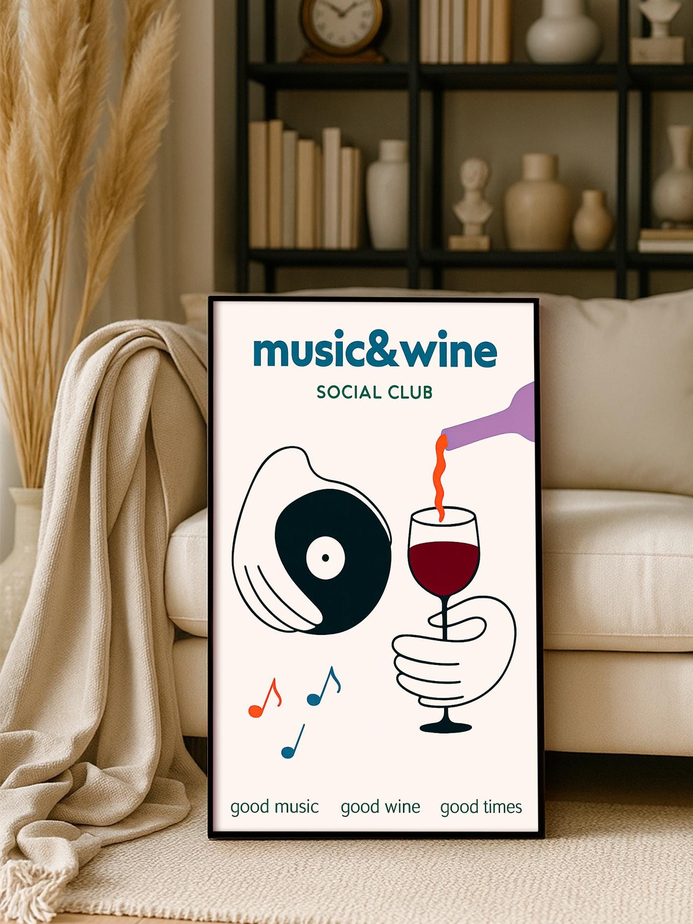 Music and Wine Poster, Music Wall Art, Wine Print Wall Decor, Retro Music Poster, Decorative Home Illustration