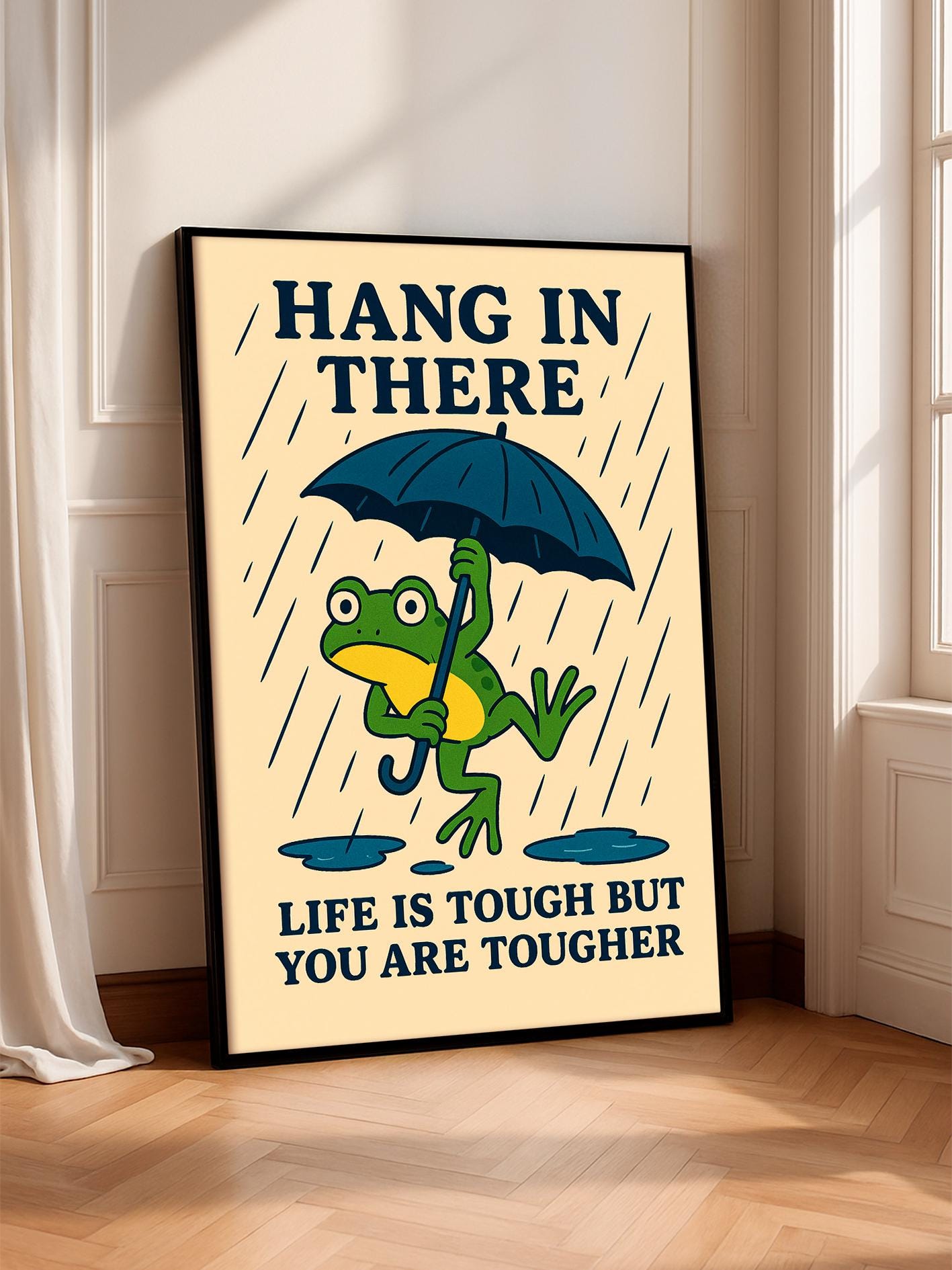 Frog Print with Umbrella, Motivational Quote Poster, Funny Wall Art with Cute Saying, Nursery Room Décor, A2, A3, A4