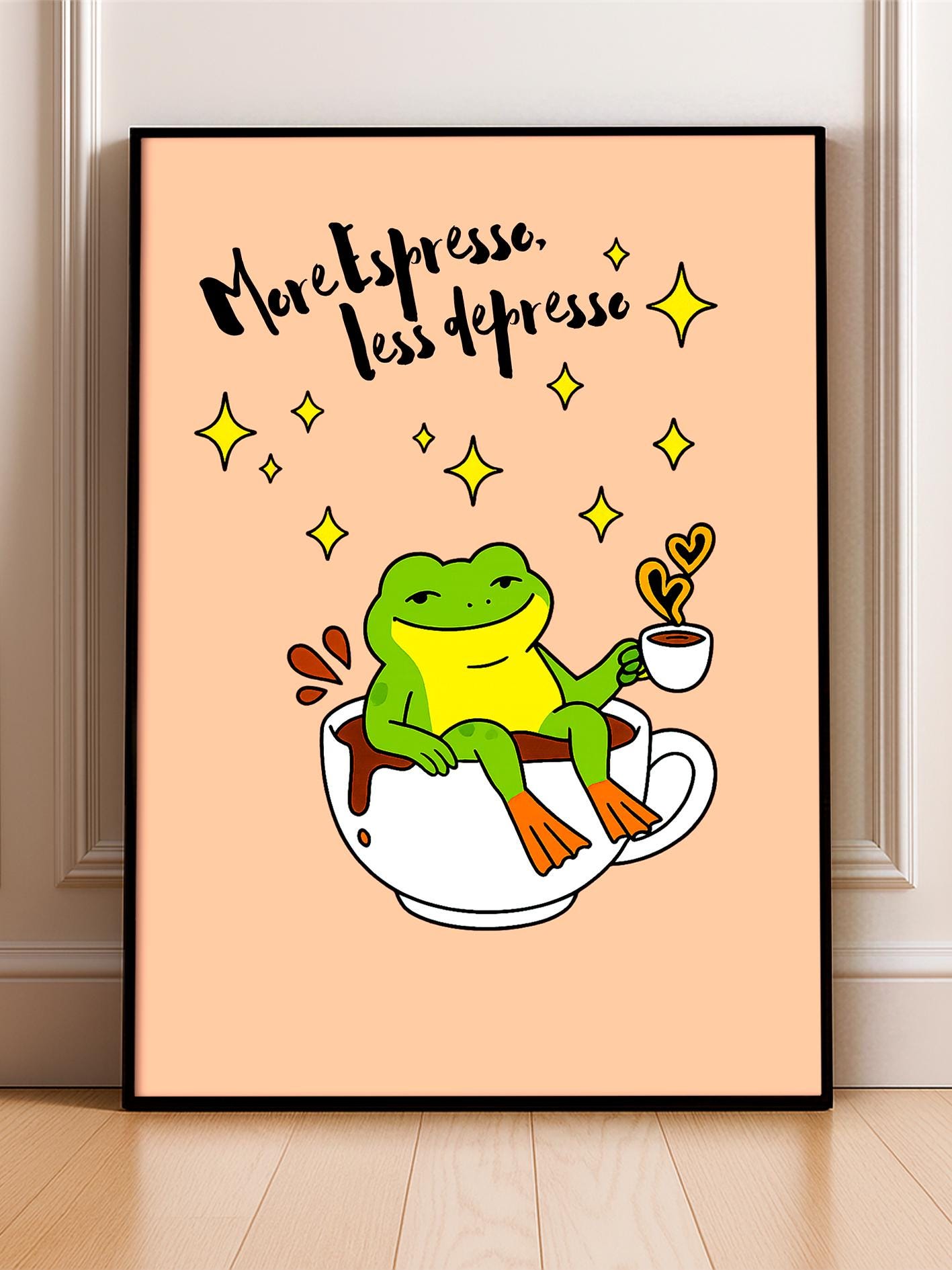 More Espresso Less Depresso – Wall Print of a Frog, Poster of a Frog Inside Coffee, Kitchen Art, Bar Cart Poster
