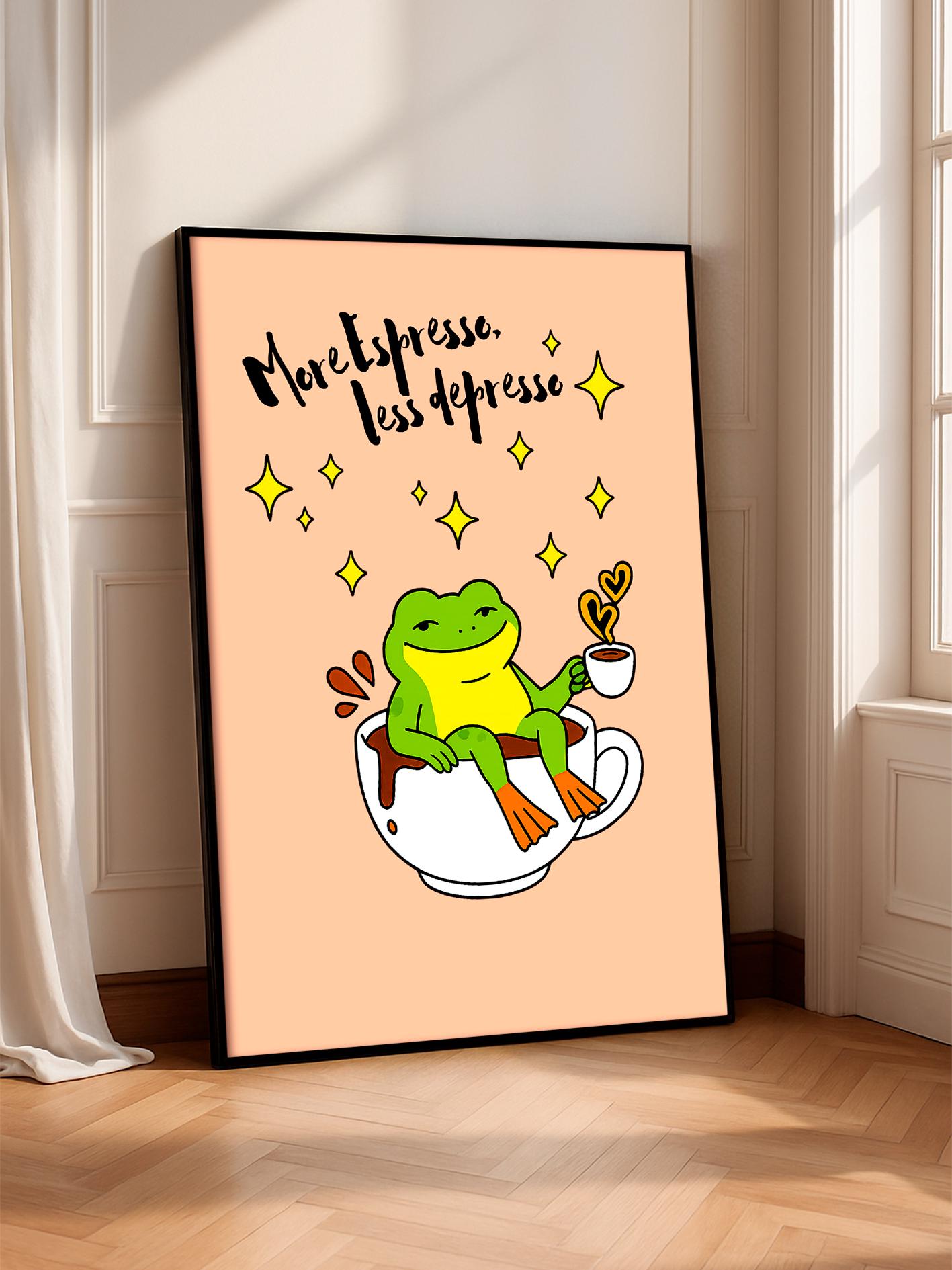 More Espresso Less Depresso – Wall Print of a Frog, Poster of a Frog Inside Coffee, Kitchen Art, Bar Cart Poster