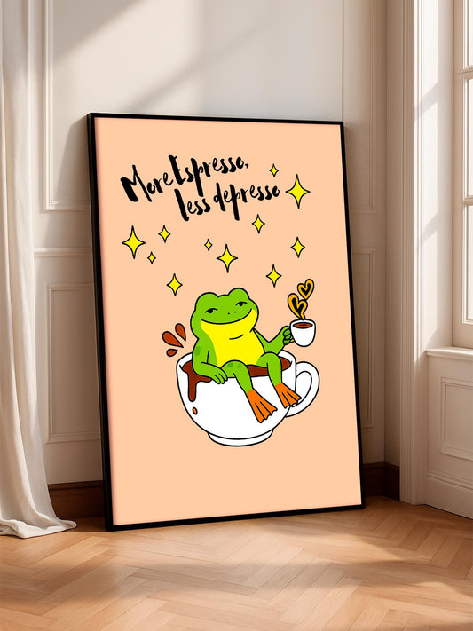 More Espresso Less Depresso – Wall Print of a Frog, Poster of a Frog Inside Coffee, Kitchen Art, Bar Cart Poster